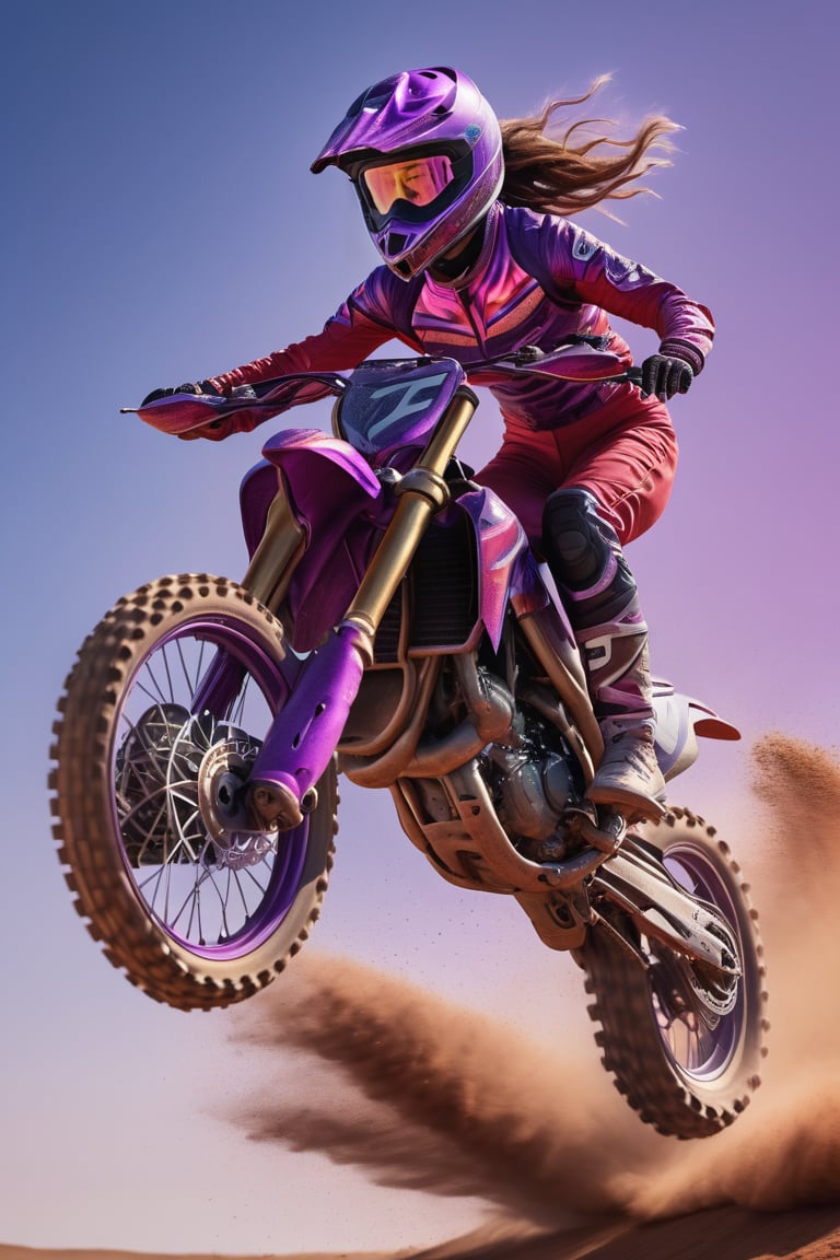 A woman is depicted in a realistic full-body portrait, soaring through the air on a dirt bike against a blue sky and racetrack backdrop, with a red-purple gradient. The photo rendering showcases a high-end bodysuit adorned with iridescent details and neon edges. The composition prioritizes clean colors, avoids duplicate imagery, and aligns with Twitch TV aesthetics. The image boasts cinematic quality and 16K resolution, featuring a purple chessboard pattern and a focused facial expression, reminiscent of a trading card illustration.