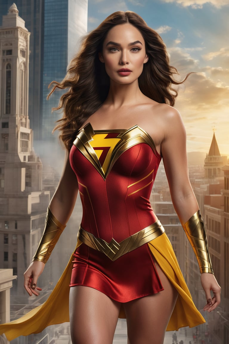 a woman dressed as Mary Marvel from Shazam, superhero style, full body costume, similar to ((Megan Fox)), heroic character, black haired woman, standing in front of a building, photorealistic details, red and yellow dress, merged characters, 16K, cinematic style, award-winning image
