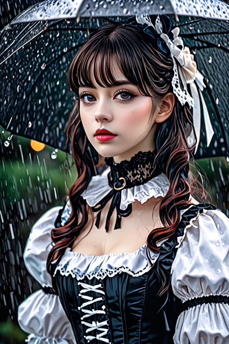 (8K, RAW shooting, highest quality, master piece), high resolution RAW color profile, (realistic, photorealism: 1.37), (highest quality), (best shadow), (best illustration), (reality: 1.2), ((Masterpiece, highest quality), (actual photo: 1.4), (gothic lolita :1.3), Sick beauty, White Elegance, A morbid beauty in a Gothic Lolita costume,  looking up at the rainy sky with a melancholy expression, soft focus, excessive overexposure, airy photo, Cinema Lighting, Canon, High Detail, High Definition, HD Fine, 16K Resolution, Real, Raw Photo, Absurd, Absolute Resolution, Full body portrait, Full body Esbian,gothicstyle,(lolita)