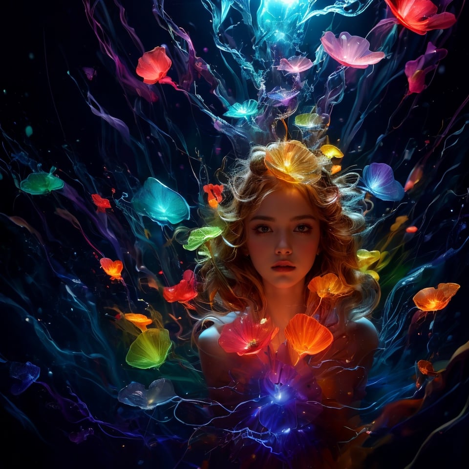 ((Top Quality)), ((Masterpiece)), ((Genuine)), Portrait,
A girl, a celestial body, a god, a goddess, a particle of light, a halo, a line of sight,
(Bioluminescence: 0.95) Many bioluminescent, lightning bolts and separated human limbs float in the rainbow-colored glass, bright, colorful, (glow, glow),
(beautiful composition), cinematic lighting, complex, (symmetry: 0.5), eccentric, absurd,