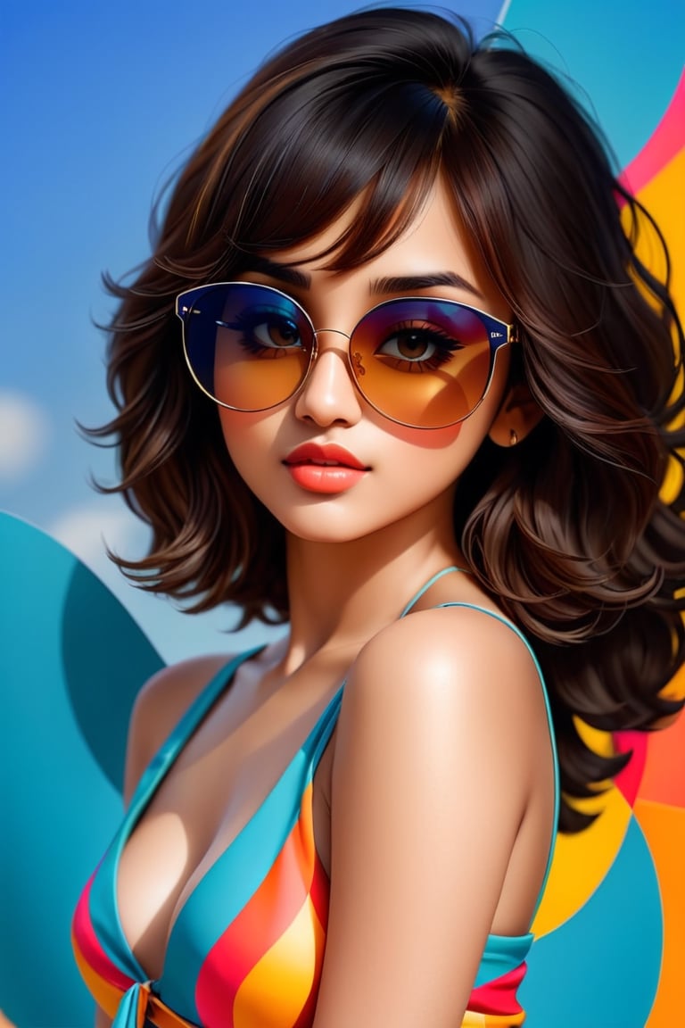 back photo with abstract illustrations for portfolio, front a beautiful girl Shirley setia with sunglasses, seductive position, model looks, 