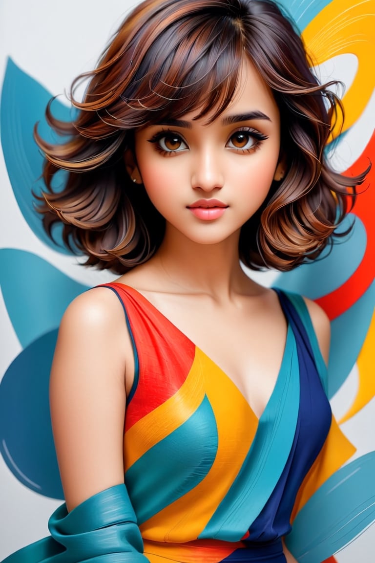back photo with abstract illustrations for portfolio, front a beautiful girl Shirley setia, gorgeous 