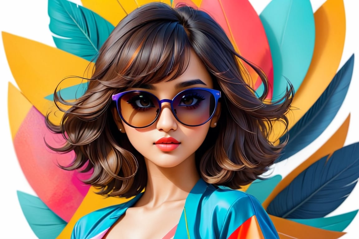 back photo with abstract illustrations for portfolio, front a beautiful girl Shirley setia with sunglasses, seductive position, model looks, 