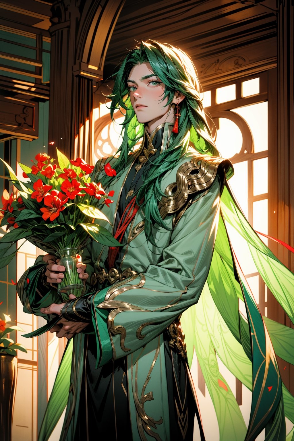 solo, long hair, long sleeves, 1boy, holding, very long hair, standing, flower, male focus, green hair, indoors, wide sleeves, petals, red flower, holding flower, candle, vase,xianyun