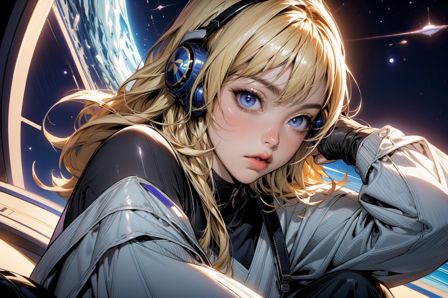 1girl, solo, breasts, looking at viewer, bangs, blue eyes, blonde hair, long sleeves, sitting, parted lips, medium hair, headphones, helmet, headset, space, planet, earth \(planet\), cockpit,Anigame ,raidenshogundef