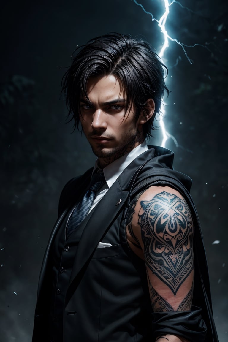 best quality, masterpiece,	(Handsome African- American guy, 18year old:1.5),	(Blizzard theme:1.4), Wizard costume,	(body covered in words, words on body:1.4, tattoos of (words) on body:1.6), (a fine beard:1.0),	(a angry look:1.2),	16K, (HDR:1.4), high contrast, bokeh:1.2, lens flare,	head to thigh portrait,	beautiful and aesthetic, vibrant color, Exquisite details and textures, cold tone, ultra realistic illustration,siena natural ratio, anime style, 	long Wave dark brown hair,	wearing black suit with dark blue tie,	ultra hd, realistic, vivid colors, highly detailed, UHD drawing, perfect composition, ultra hd, 8k, he has an inner glow, stunning, something that even doesn't exist, mythical being, energy, molecular, textures, iridescent and luminescent scales, breathtaking beauty, pure perfection, divine presence, unforgettable, impressive, breathtaking beauty, Volumetric light, auras, rays, vivid colors reflects.