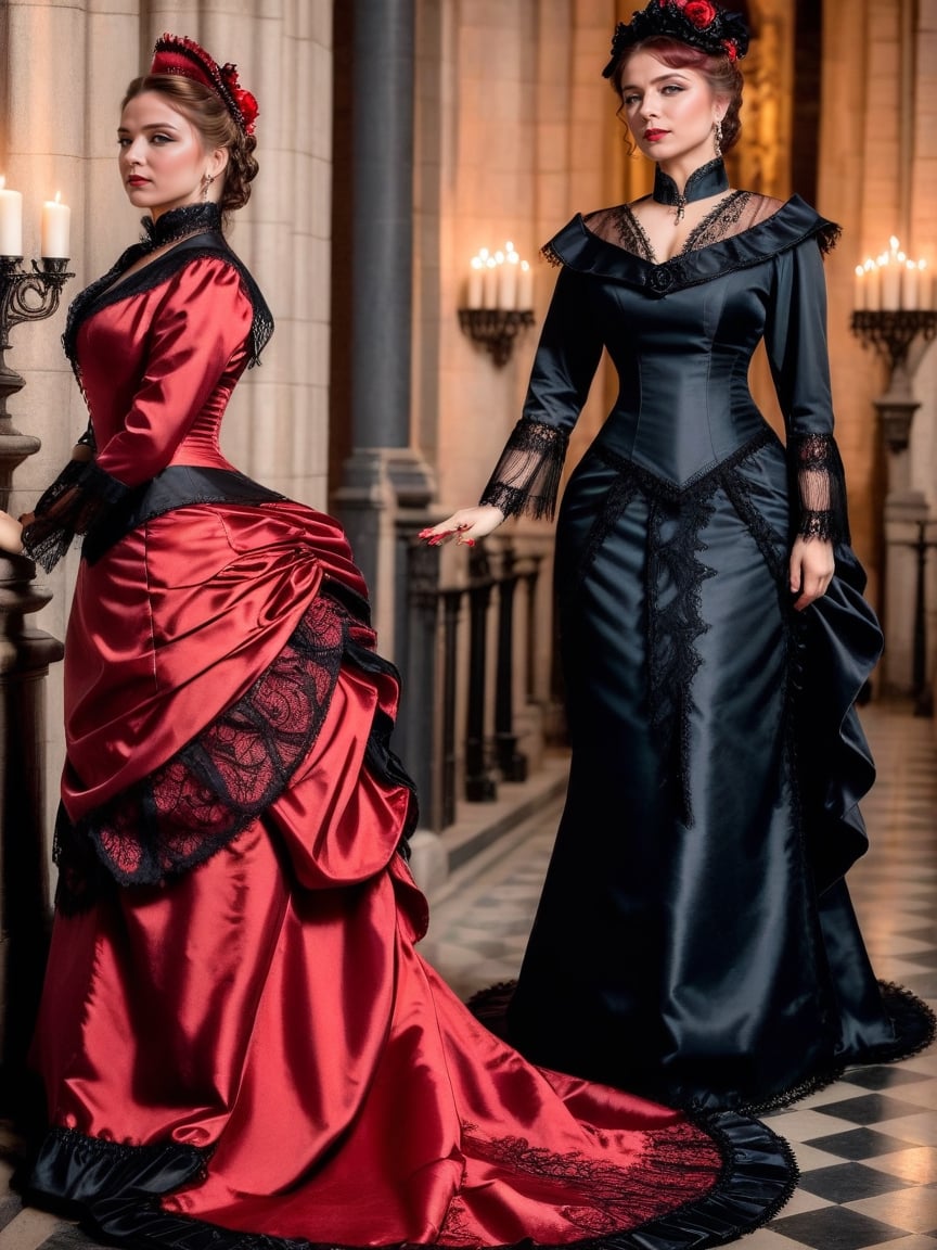 breathtaking woman wearing a (red victorian dress with long train and large bustle), candles, cathedral, stone pillar, praying, black lace, satin . award-winning, professional, highly detailed,victorian dress,bustle dress, 
