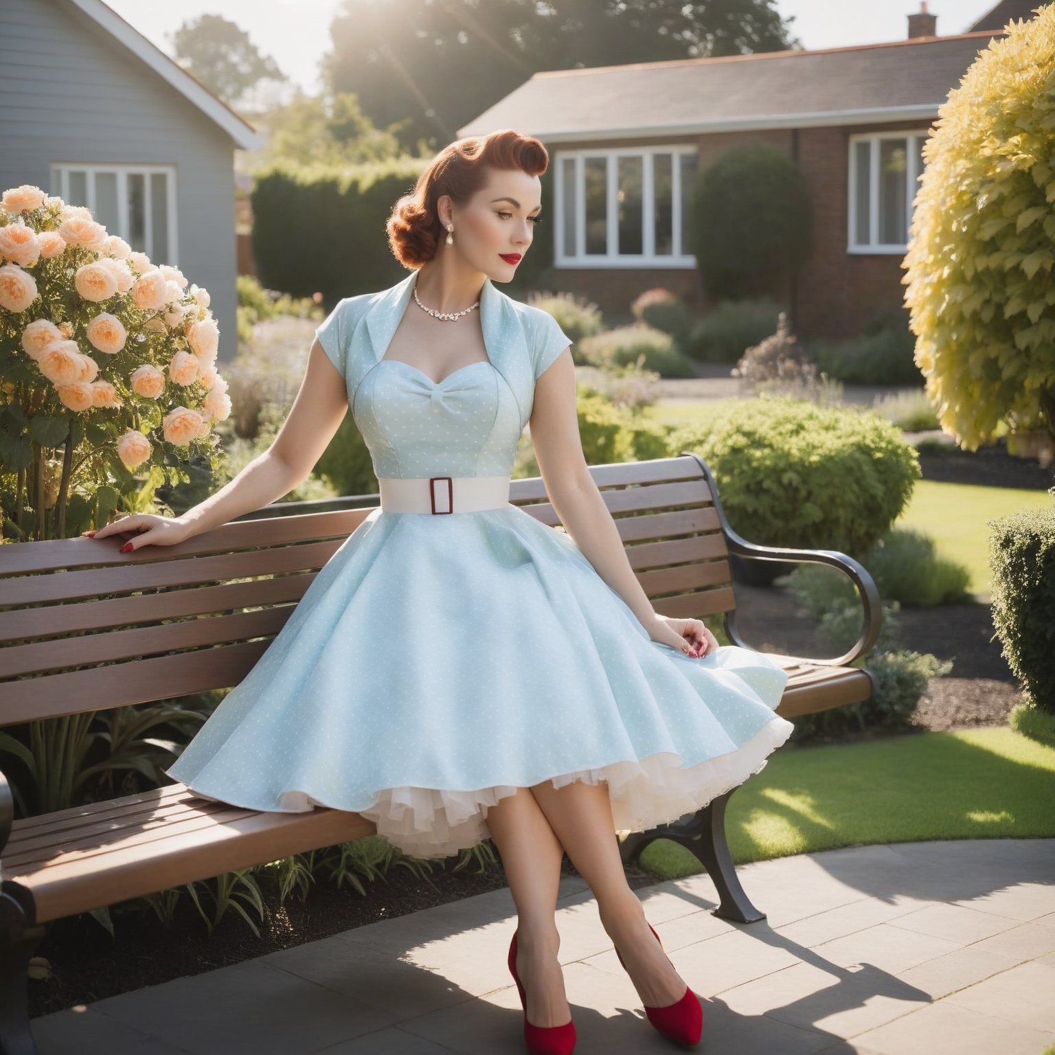 photo of beautiful woman in polkadot 1950s dress, sitting on bench in garden of  suburban house, morning sun, lighting,circle dress