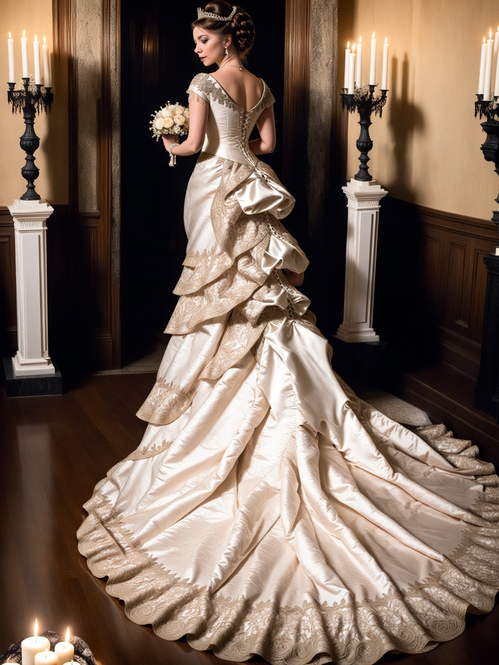 breathtaking woman wearing a (white and cream dress, satin and lace  with long train and large bustle), candles, cathedral, stone pillar, praying, black lace, satin . award-winning, professional, highly detailed,victorian dress,bustle dress, 