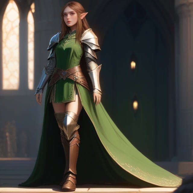 4k, masterpiece, super detailed face, super detailed green eyes,  full_body, feet, hands,  elven female cleric, 1girl, brown_hair, elinalise, armored_dress, armored_boots, standing, full