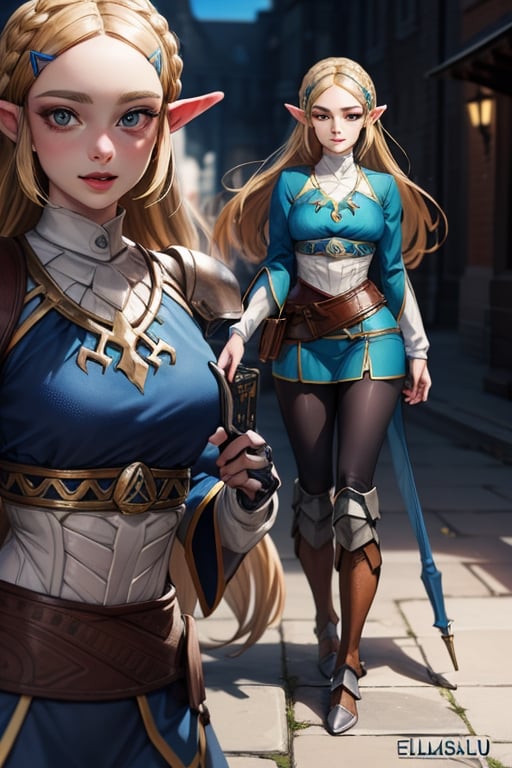 long_hair, 4k resolution, highly detailed face, highly detailed eyes, show full body,  .princess_zelda_aiwaifu, brown_hair, elven female cleric, armoured_dress, armored_boots, 