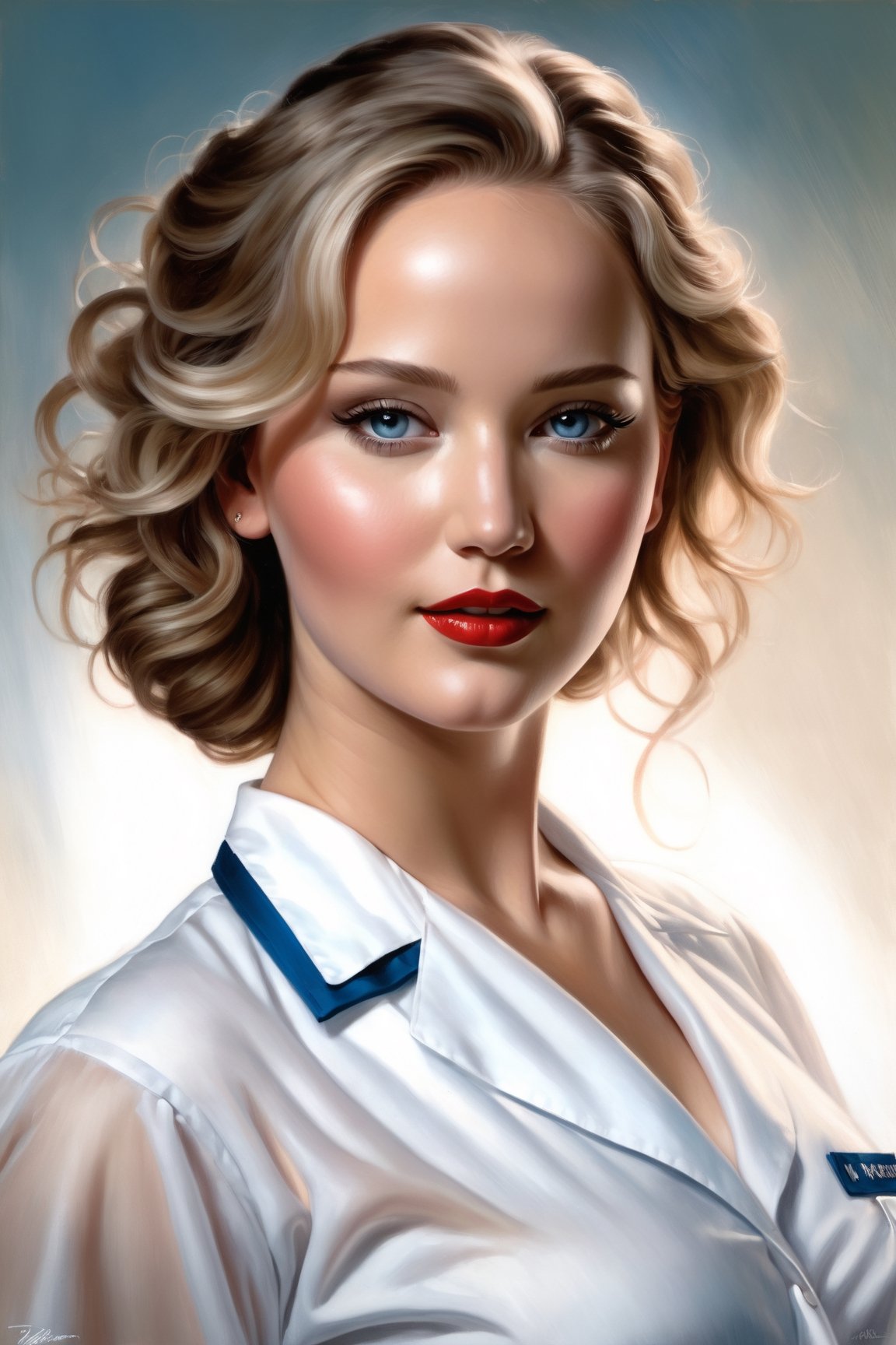 glamorous and sexy Jennifer Lawrence as a nurse in transparent blouse, beautiful, pearlescent skin, natural beauty, seductive eyes and face, elegant girl, natural beauty, very detailed face, seductive lady, full body portrait, natural lights, photorealism, summer vibrancy, cinematic, a portrait by artgerm, rossdraws, Norman Rockwell, magali villeneuve, Gil Elvgren, Alberto Vargas, Earl Moran, Enoch Bolles