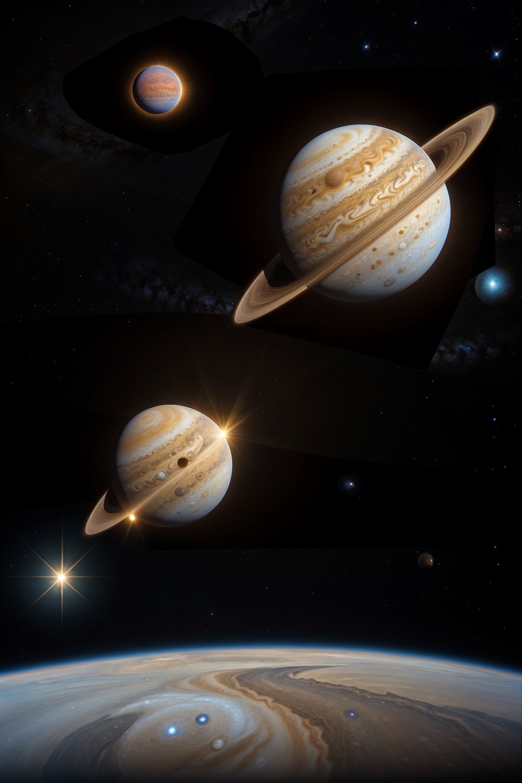 The nebula surrounding Aldebaran is mostly white gas and dust that takes on the star's orange-red reflection color. Unlike the Pleiades nebula, the Aldebaran nebula almost exclusively envelops the big star, making it appear even larger. But it is not a uniform haze as in the case of the M-45 nebula, they are seen as flows or veins of greater density, giving a dreamlike air to all of Aldebaran. And to the Pleiades too, of course.

The Aldebaran solar system according to my memory has 3 small planets of type Earth or "M" (of which only one is inhabited, Cyndriel) and 2 giant superplanets, one the size of Jupiter and another the size of Neptune, in distant external orbits . That is to say that the three small rocky ones are close to Aldebaran, while the first two are too close and only Cyndriel (planet number 3) is capable of being habitable. Those two are not habitable basically due to too much radiation, it happens like with Mercury there is nothing there but rocks.

The two giant superplanets instead have animal inhabitants of the type similar to those found on Jupiter, Saturn, Uranus and Neptune. They have no surface, only gas that becomes progressively denser and denser, without a defined surface. The image represents one of the Aldebaran superplanets.