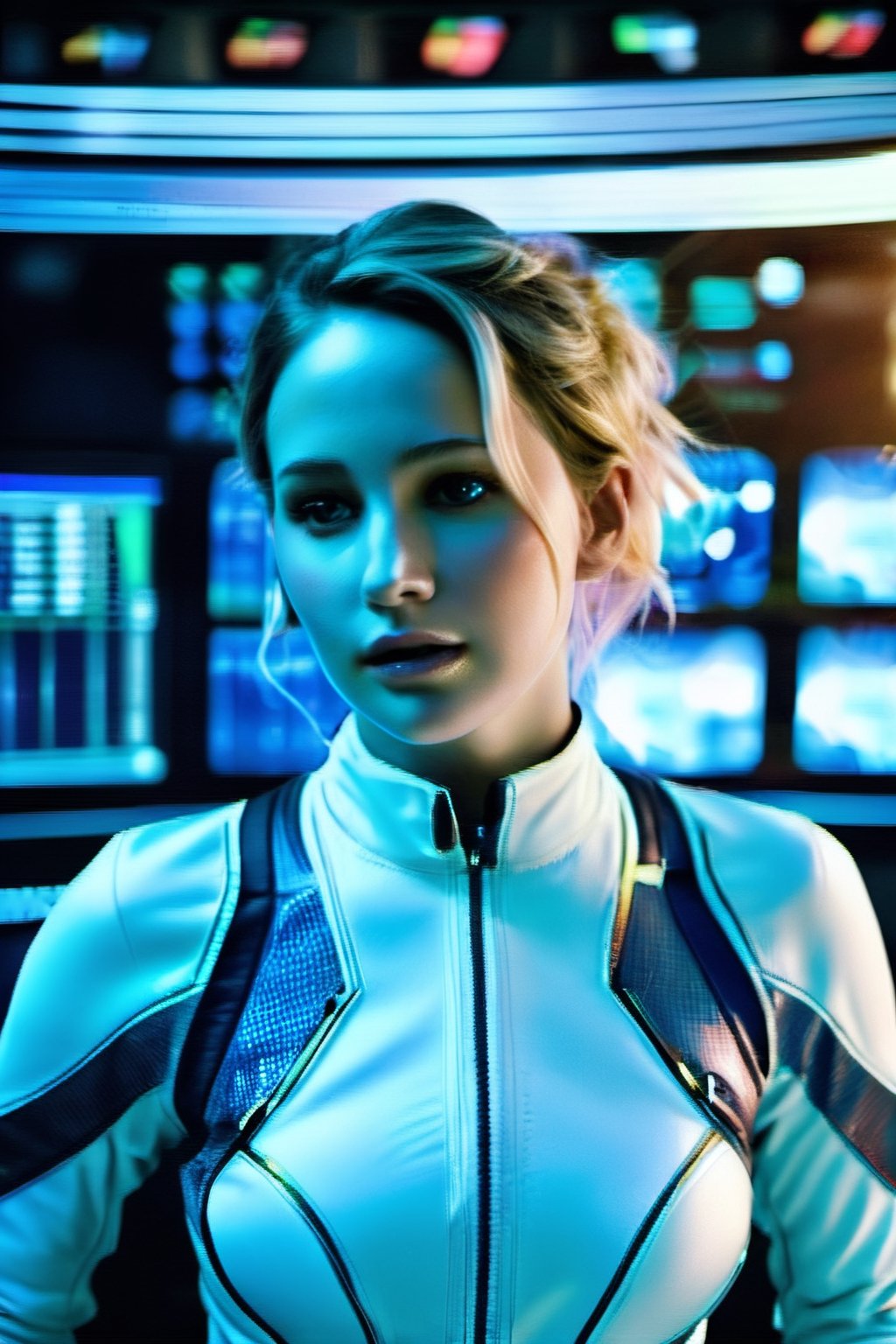 Photograph of Jennifer Lawrence, white latex suit with thin electric blue lines. Transparent helmet, holographic displays. Spaceship Control Room, windows showing planet Earth from space, Futuristic Technology, Athletic, skinny, 30 years old, happy, Full Figure