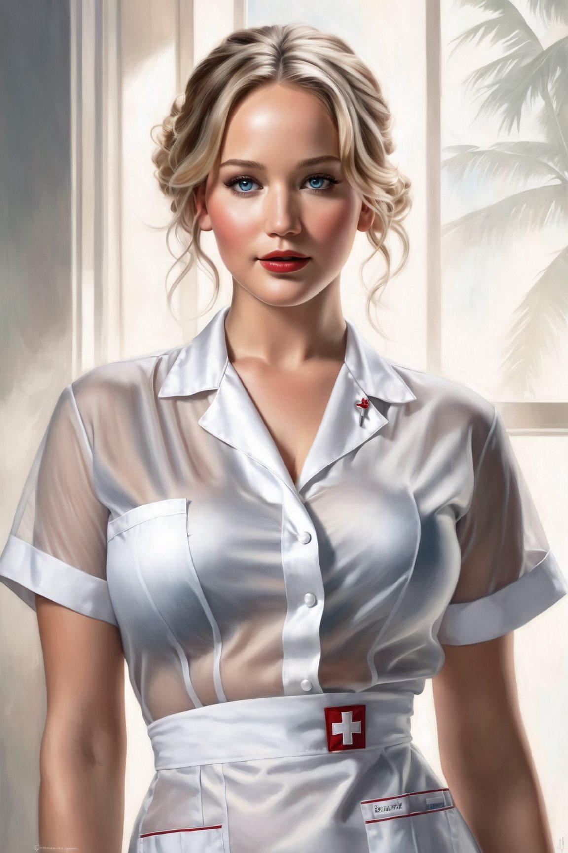 glamorous and sexy Jennifer Lawrence as a nurse in transparent blouse, full body, cleavage, beautiful, pearlescent skin, natural beauty, seductive eyes and face, elegant girl, natural beauty, very detailed face, seductive lady, full body portrait, natural lights, photorealism, summer vibrancy, cinematic, a portrait by artgerm, rossdraws, Norman Rockwell, magali villeneuve, Gil Elvgren, Alberto Vargas, Earl Moran, Enoch Bolles
