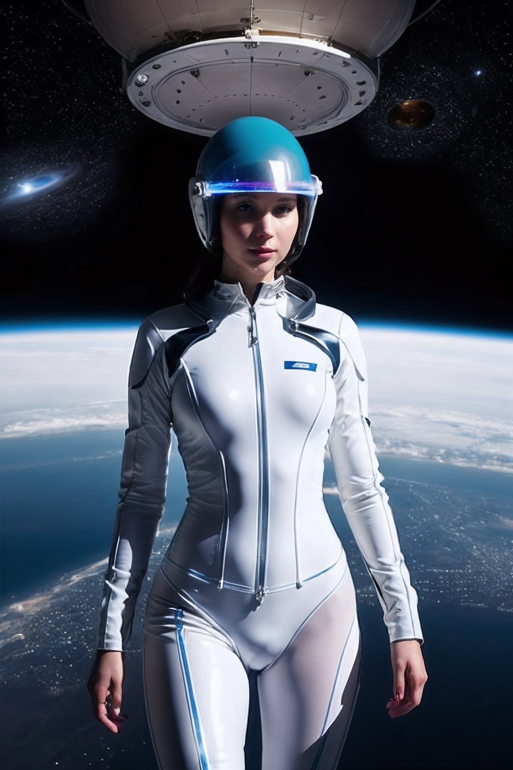 Photograph of Jennifer Lawrence, white latex suit with thin electric blue lines. Transparent helmet, holographic displays. Spaceship Control Room, windows showing planet Earth from space, Futuristic Technology, Athletic, skinny, 30 years old, happy, Full Figure