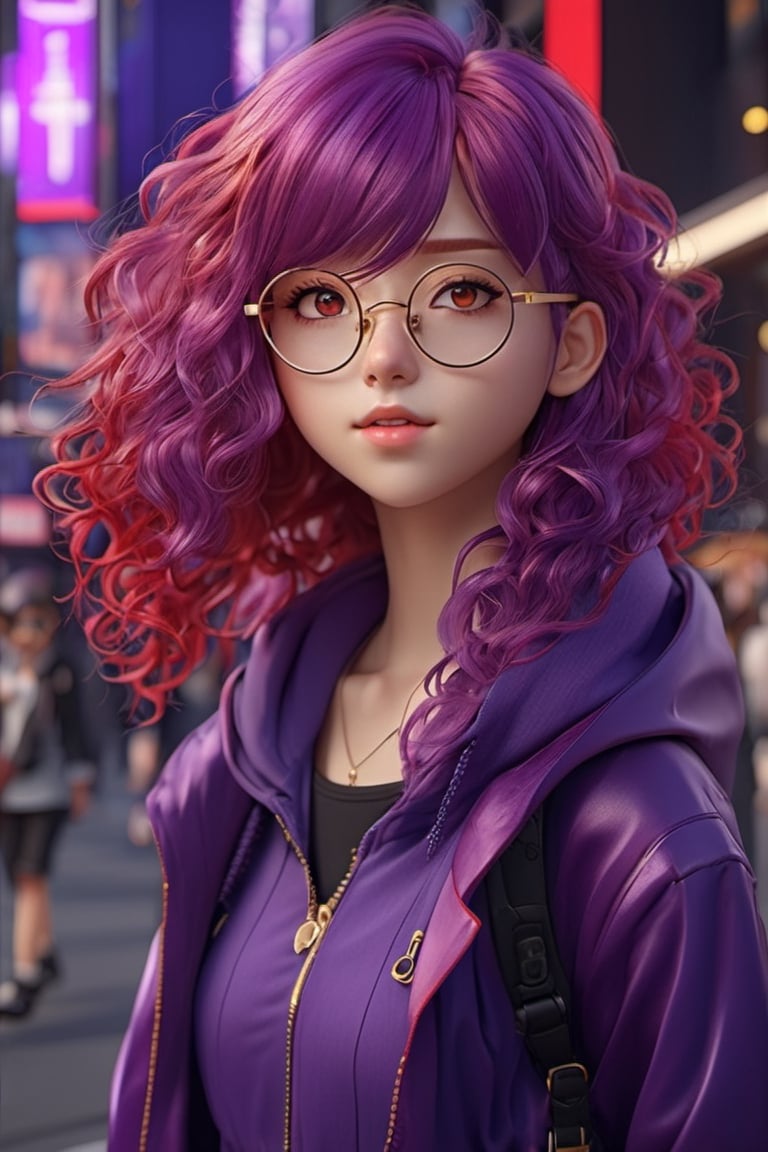 1girl with purple and red tone hair. She has gold rounded glasses, curly wavy hair

(high detailed face), detailed eyes, (ultra Max high quality 1.2), (high_resolution 4k),  high-res CG textures, badass anime 8 k, 2. 5 d cgi anime fantasy artwork