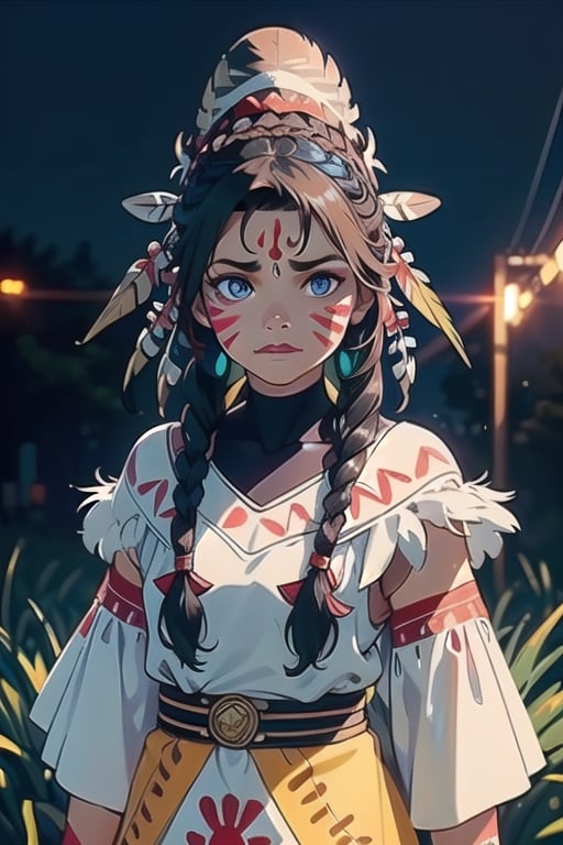 (One Native Indian girl:1.3),
(Native Indian War Bonnet:1.3),
(Native Indianのnative print, face paint:1.3),
(feathers on her head, braids:1.3),
model standing

(Best Quality, High Resolution, 8k, Masterpiece:1.2),
(cartoonish, two dimensional, cinematic lighting),
High refractive index:1.2, film grain, blurred bokeh effect