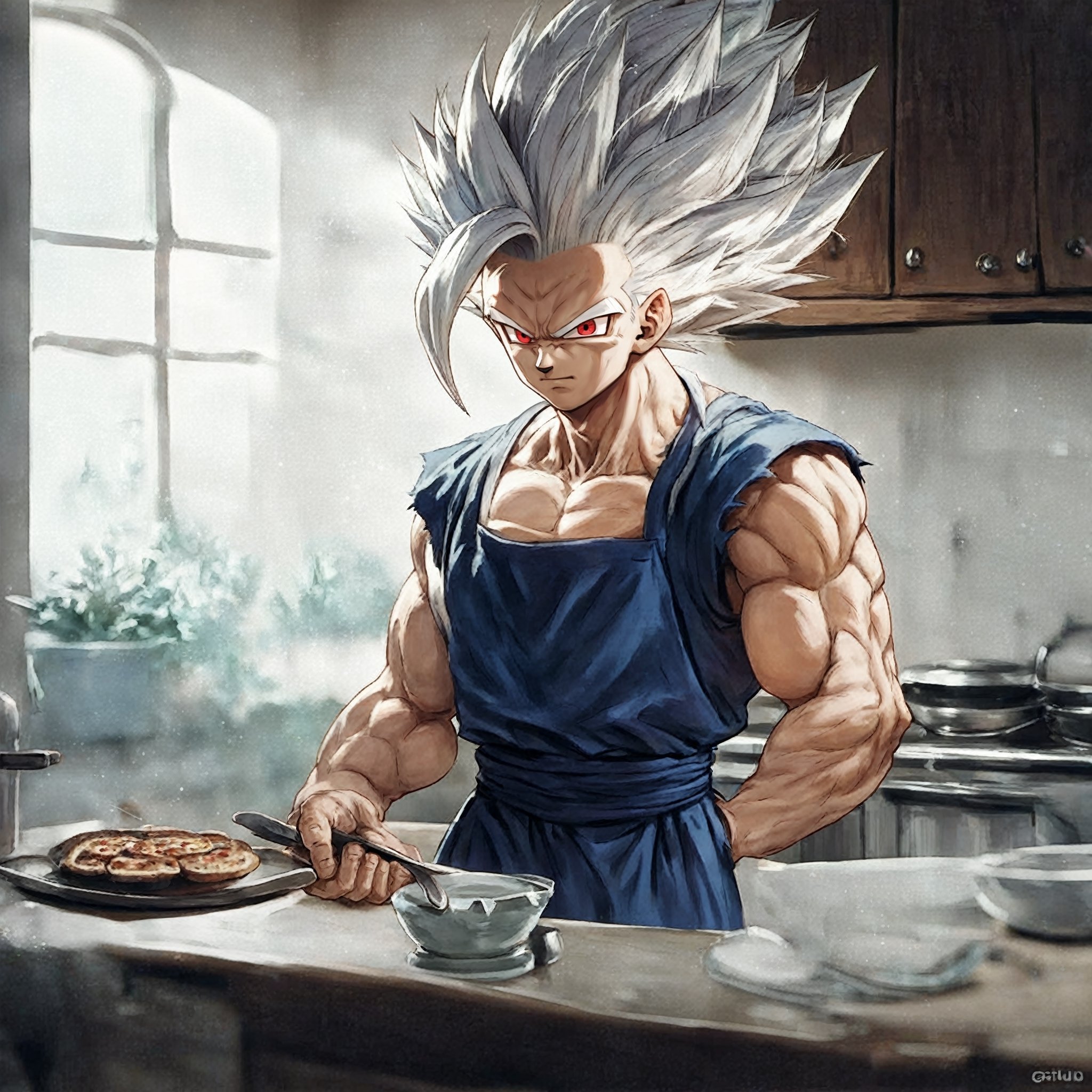 score_9, score_8_up, score_7_up, score_6_up, score_5_up, score_4_up, gohan_beast, red eyes, solo, spiked hair, white hair, apron, kitchen, indoors, rating_safe, source_furry


