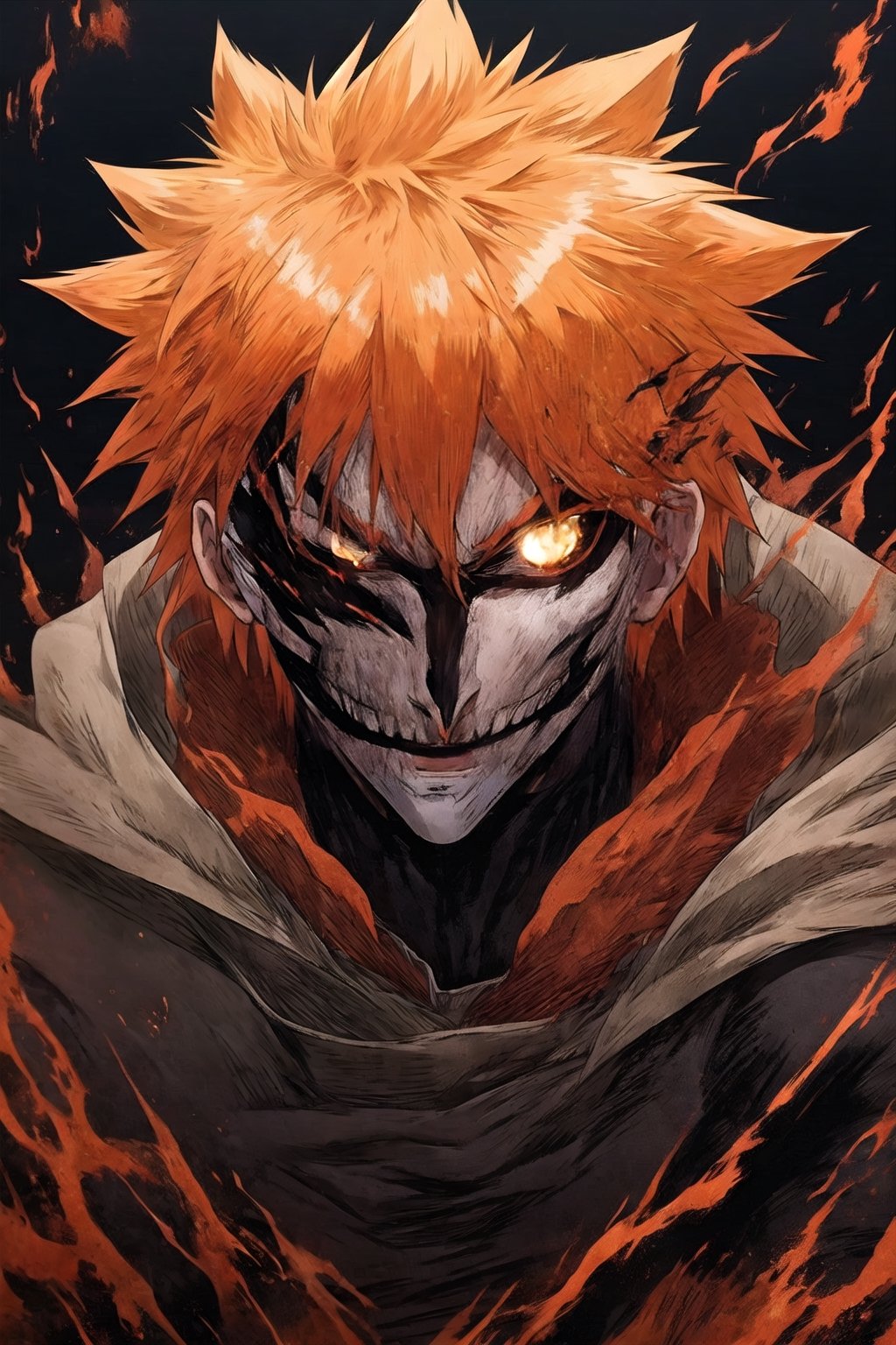 r1ge, 1boy, colored sclera, mask, black sclera, orange hair, looking at viewer, spiked hair, solo