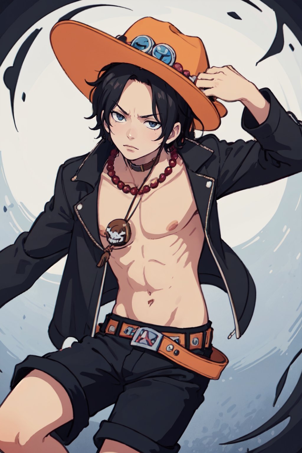 cartoon,portgas d. ace, hat, topless male, shorts, belt, jewelry, necklace, black hair, gothic choker, solo,cartoon style
