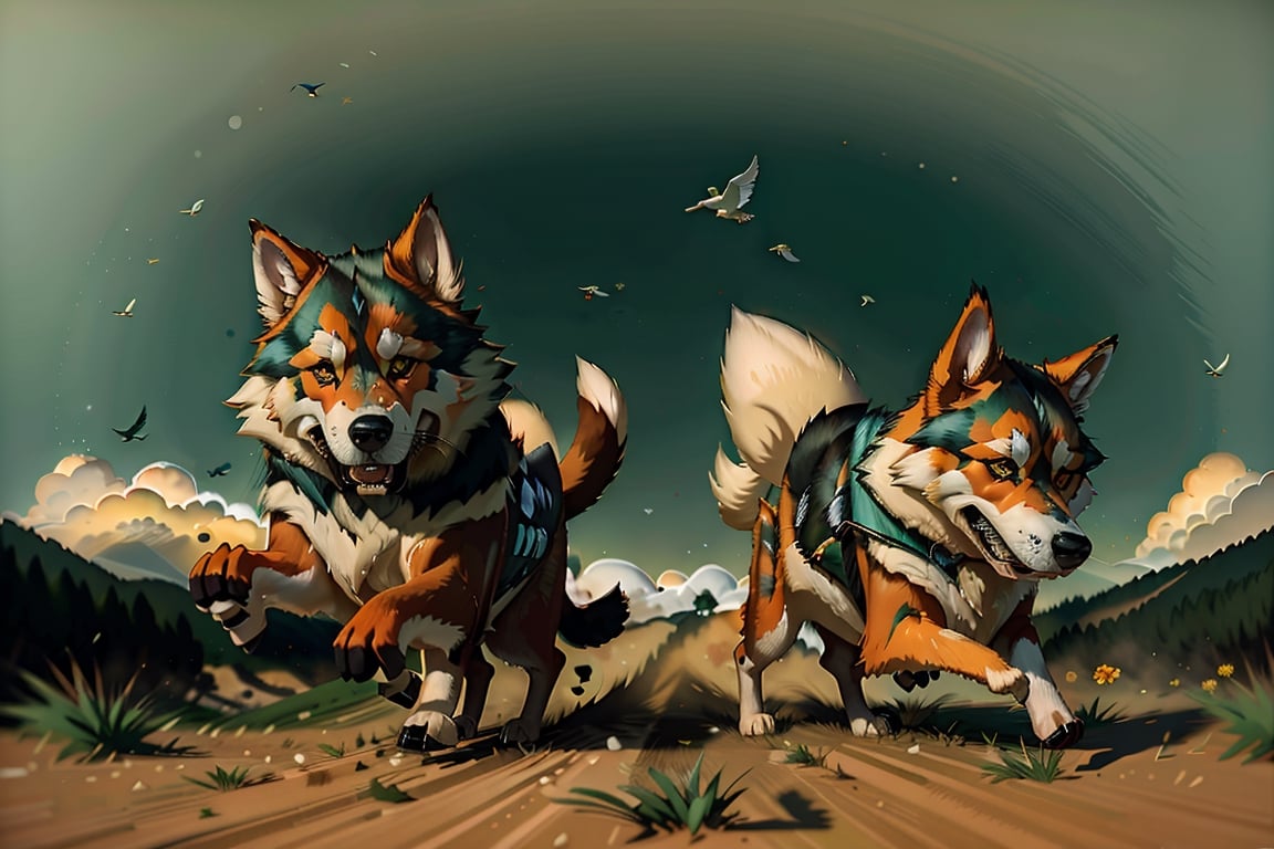 samoyedo y husky corriendo en la pradera