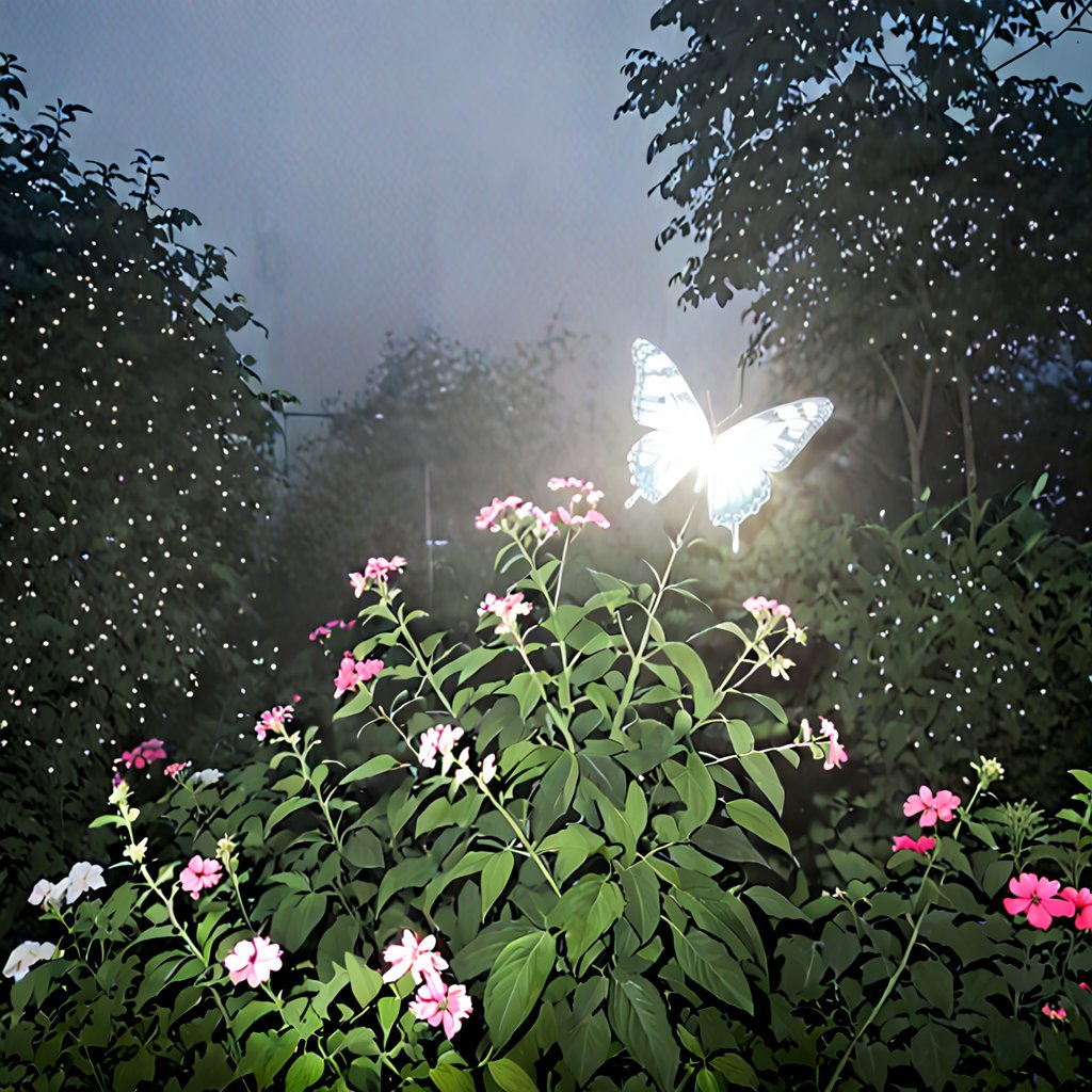 high quality, lghtshft_lora, glowing, 1butterfly, on top of flower, in the garden, nighttime, hazy, misty
