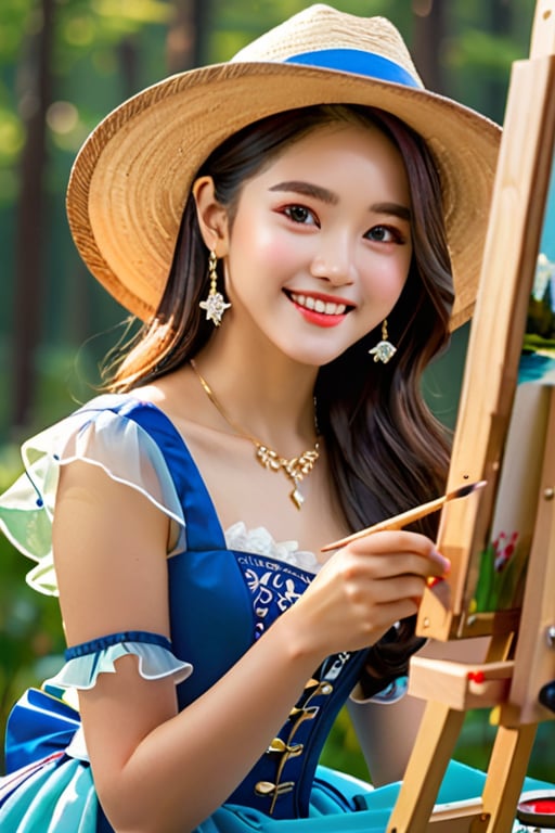 background is glassland,horizon,forest,easel,
18 yo, 1 girl, beautiful korean girl,sit on glassland, making a picture,painting,sit aside easel,holding a palette left hand,painting brush right hand,
happy smile,wearing lovely dress(princess),women hat(small),
solo, {beautiful and detailed eyes}, dark eyes, calm expression, delicate facial features, ((model pose)), Glamor body type, (dark hair:1.2),
simple tiny necklace,simple tiny earrings, flim grain, realhands, masterpiece, Best Quality, 16k, photorealistic, ultra-detailed, finely detailed, high resolution, perfect dynamic composition, beautiful detailed eyes, eye smile, ((nervous and embarrassed)), sharp-focus, full_body, cowboy_shot,