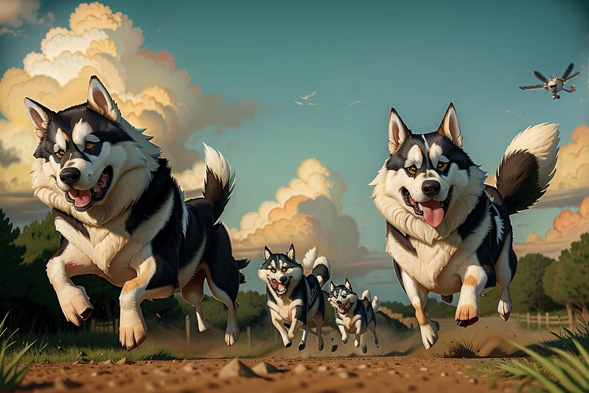 samoyedo y husky corriendo en la pradera