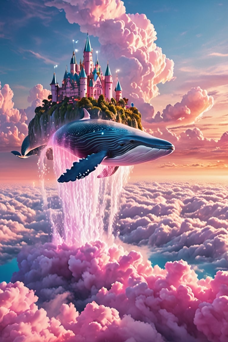 (a Dream Castle on the back of  a pink majestic whale) floating above the clouds of sky, dream castle, pink majestic whale,(best quality,4k,8k,highres,masterpiece:1.2),ultra-detailed, ethereal, dreamlike, surreal, with a touch of magic, vibrant colors, soft and delicate, blending seamlessly into the clouds, with a serene and tranquil expression, surrounded by a mystical aura, glowing softly, reflecting the sunlight, creating a breathtaking scene
