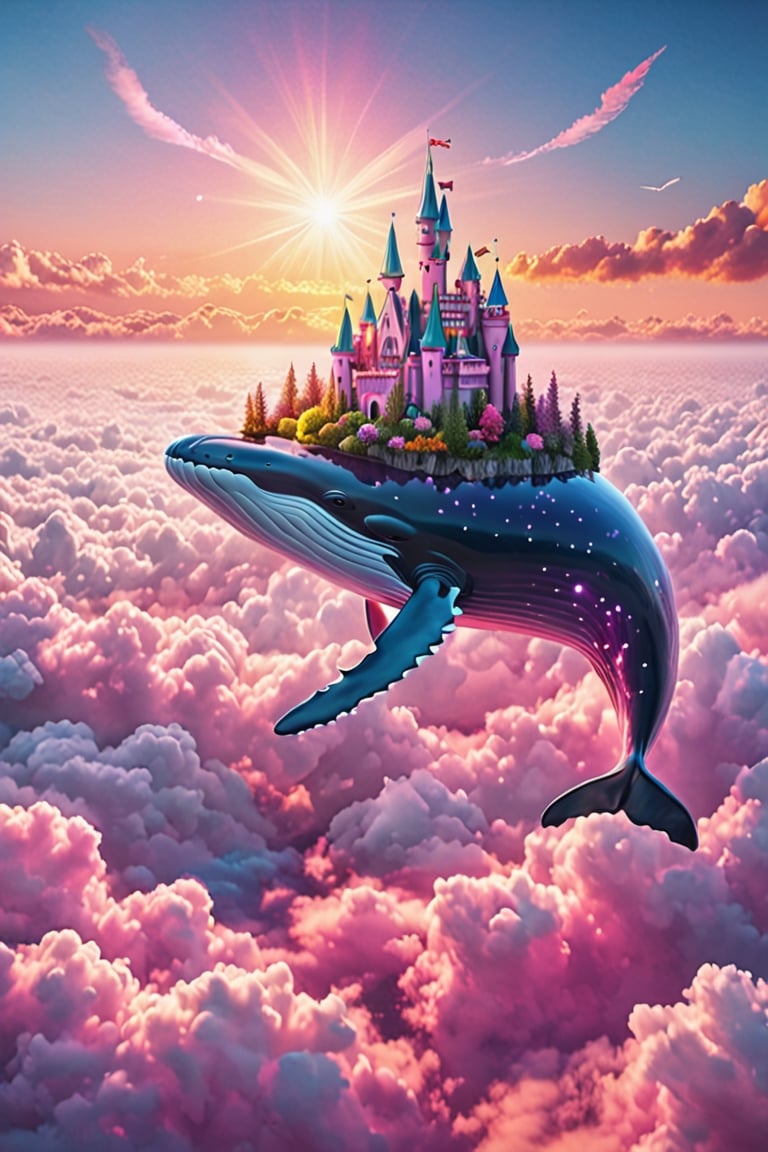 (a Dream Castle on the back of  a pink majestic whale) floating above the clouds of sky, dream castle, pink majestic whale,(best quality,4k,8k,highres,masterpiece:1.2),ultra-detailed, ethereal, dreamlike, surreal, with a touch of magic, vibrant colors, soft and delicate, blending seamlessly into the clouds, with a serene and tranquil expression, surrounded by a mystical aura, glowing softly, reflecting the sunlight, creating a breathtaking scene
