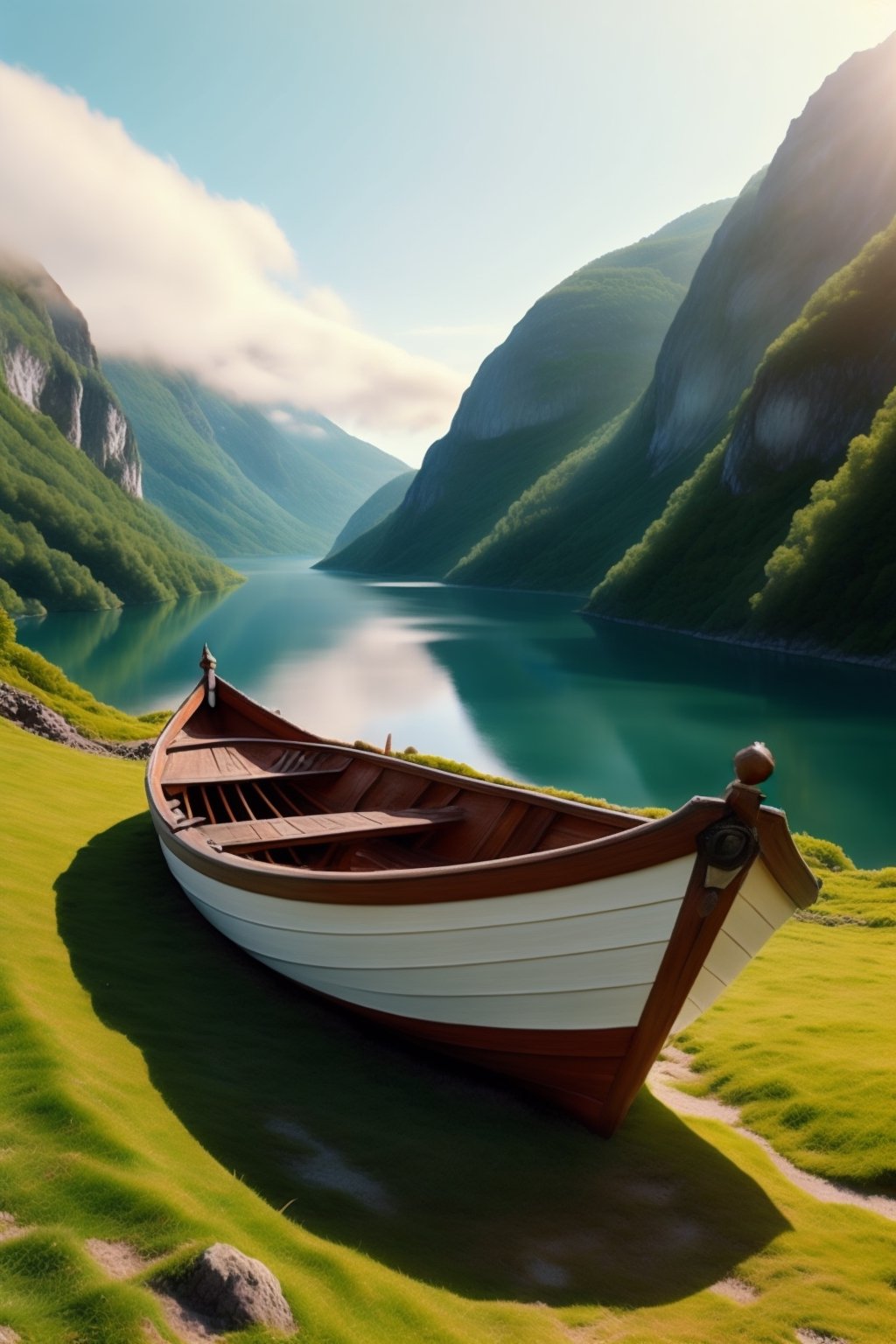 8k breathtaking view of a shored Viking Boat laying on grass, Njardar (Sognefjord) , milky haze, morning lake mist, masterpiece, award-winning, professional, highly detailed in yvonne coomber style, undefined