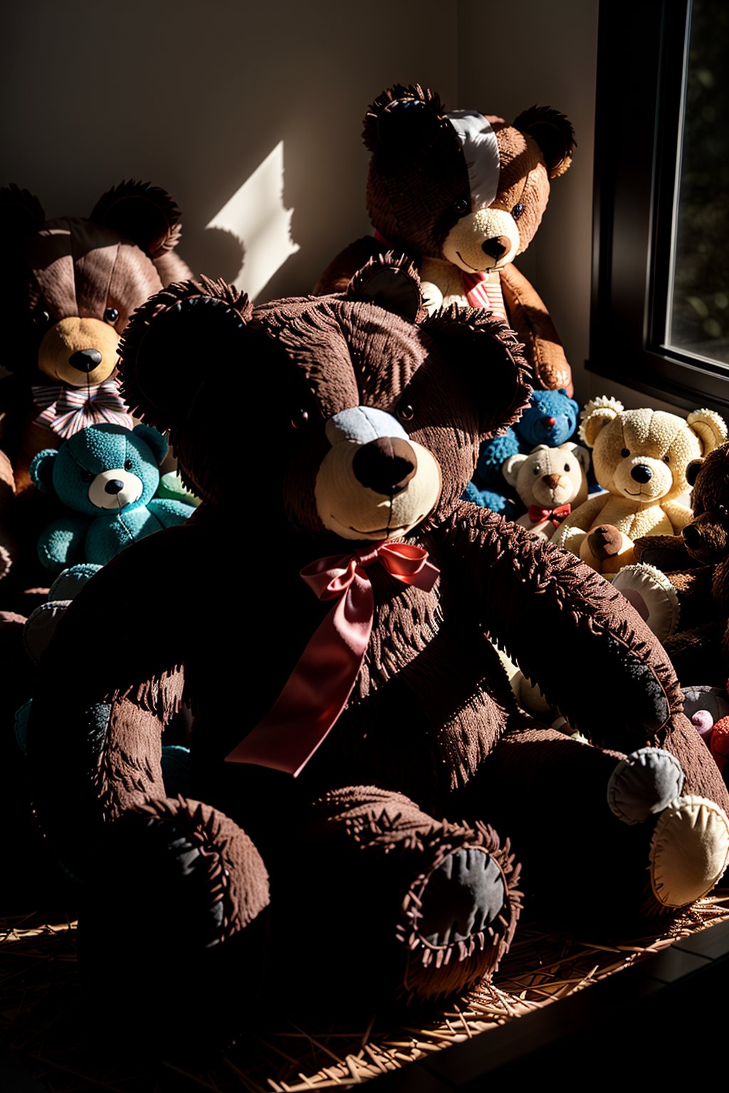 A whimsical still life scene captures a colossal toy bear constructed from hundreds of smaller, identical teddy bears, each one meticulously arranged to form the giant's body and limbs. Soft, warm lighting illuminates the intricate composition, highlighting the texture of the plush toys as they blend together seamlessly.