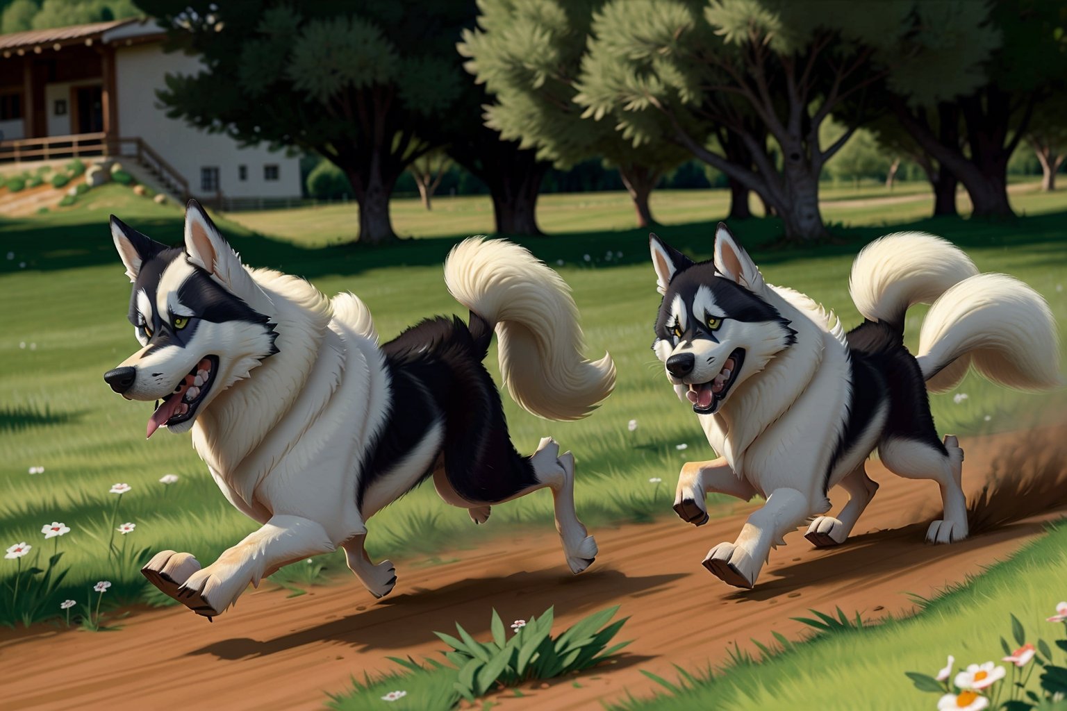 samoyedo y husky corriendo en la pradera