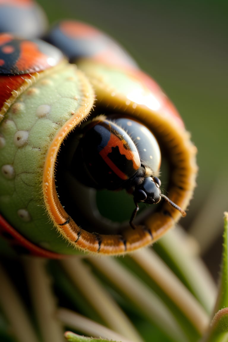 Close up photo of a ladybug with red shell and black spots, looking at the camera, meadow background at midday, macro photography, hdri, vibrant colors, in the style of National Geographic, intricate details, Nikon D50 camera, bright noon light