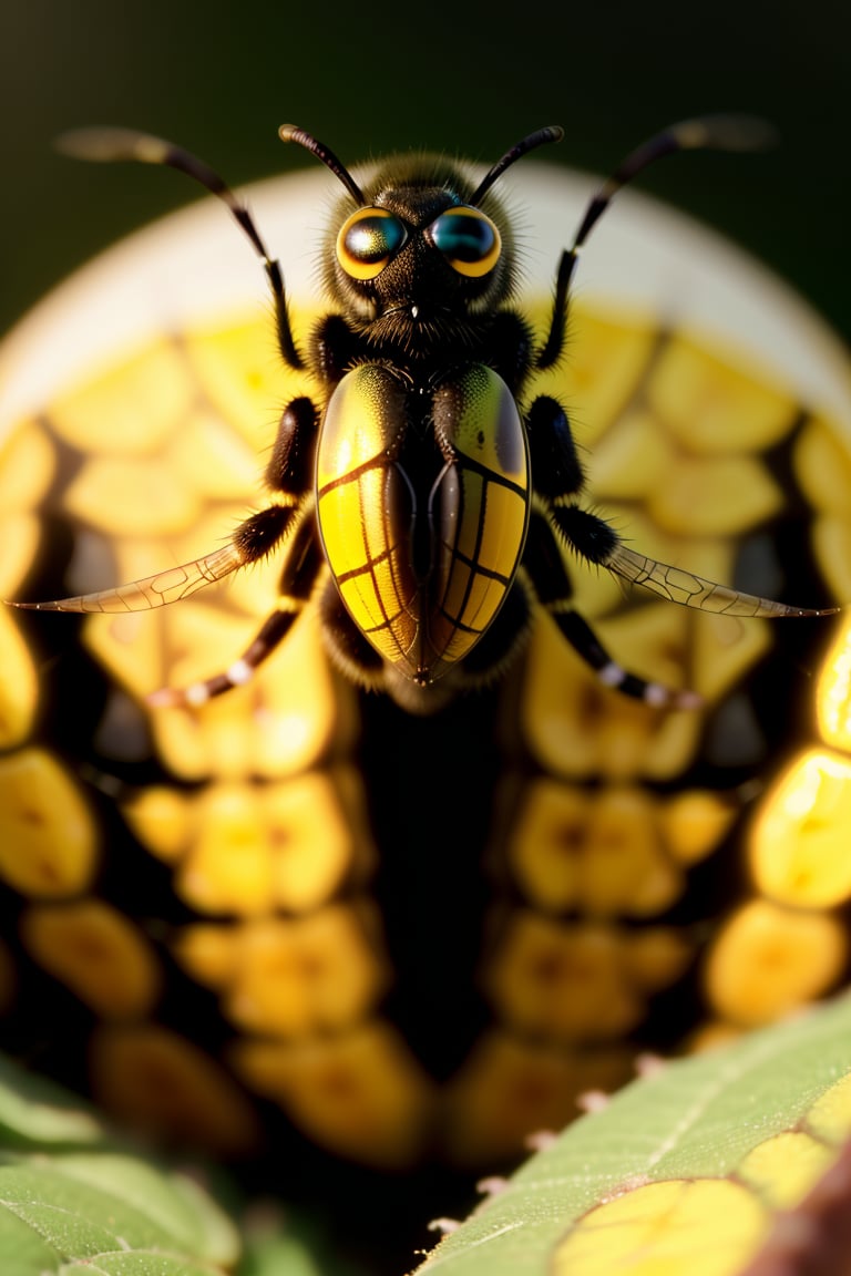 Close up photo of a wasp with yellow stripes, looking at the camera, urban garden background at sunset, macro photography, hdri, vibrant colors, in the style of National Geographic, intricate details, Nikon D50 camera, warm evening light