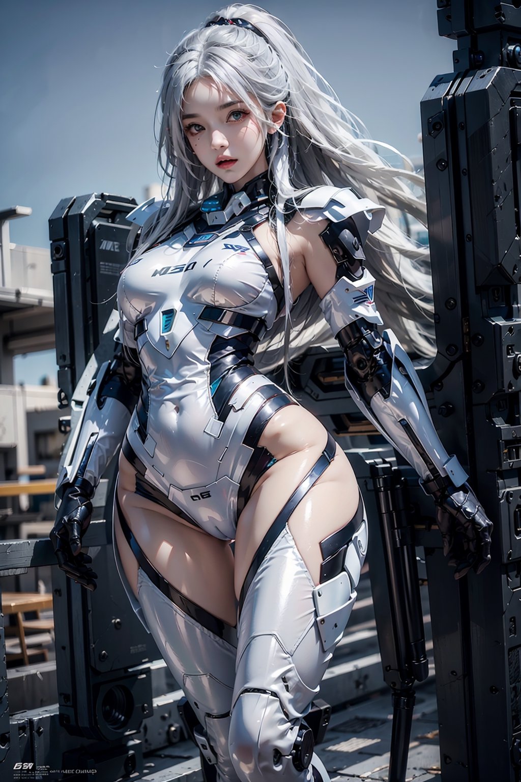 photorealistic, high resolution, 1women, solo, hips up, long white hair, ,mecha,mecha musume