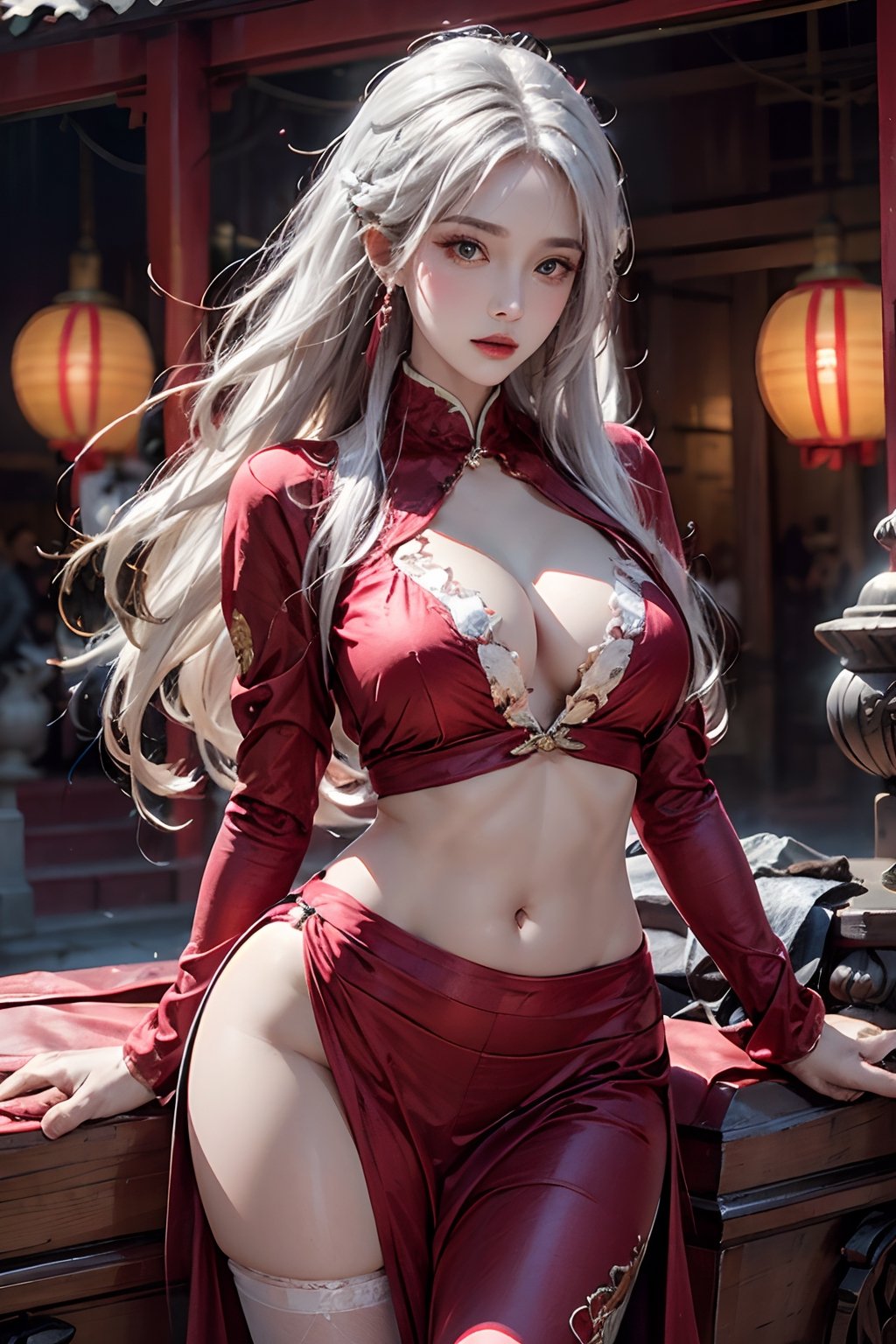 photorealistic, high resolution, 1girl, hips up, jewelry, tattoo, pink lip, long white hair,The picture is frozen in a solemn and solemn memorial scene. The ancient courtyard was surrounded by red lanterns, and their faint light illuminated the entire scene. In the center of the scene is a gorgeous coffin with smooth wood and gorgeous carvings of clouds, dragons and phoenixes, like an ancient traditional painting. Standing next to the coffin was a woman wearing a red dress. Her long hair was as white, hanging down to her waist. A red ribbon fluttered gently in the breeze