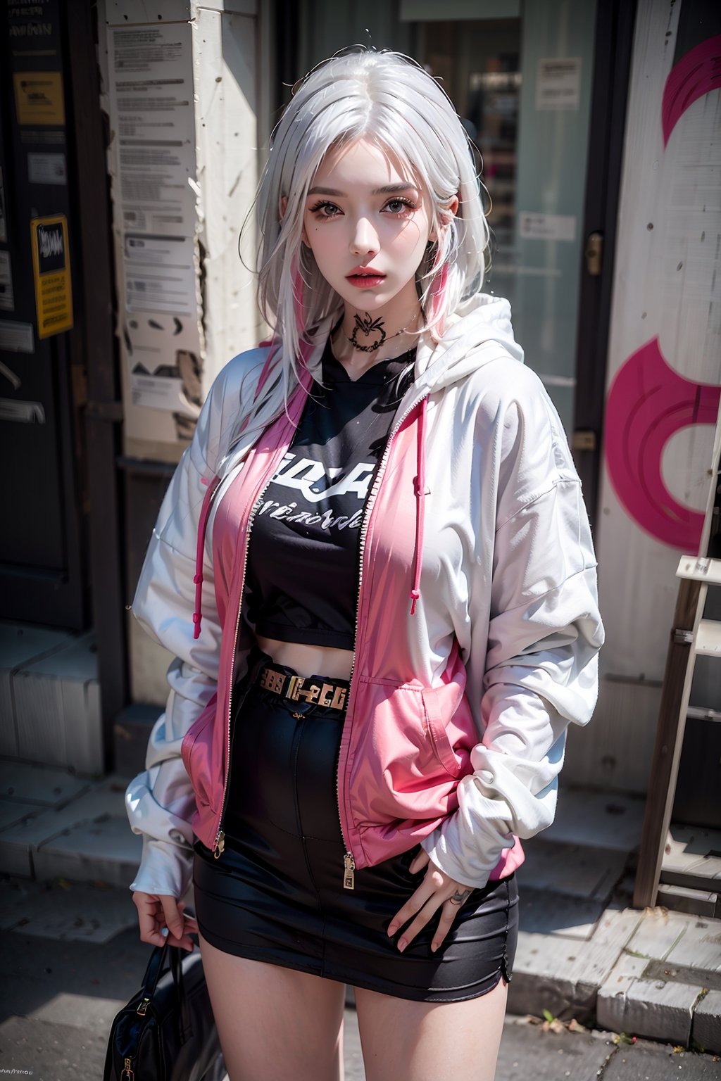 female,masterpiece, realistic, best quality, ultra detailed, waist up, white hair, ((colorful hair):1.2),tattoo, jewelery, urban and street style, graffiti-inspired colors, cool and edgy attire, oversized hoodie, fashionable accessories