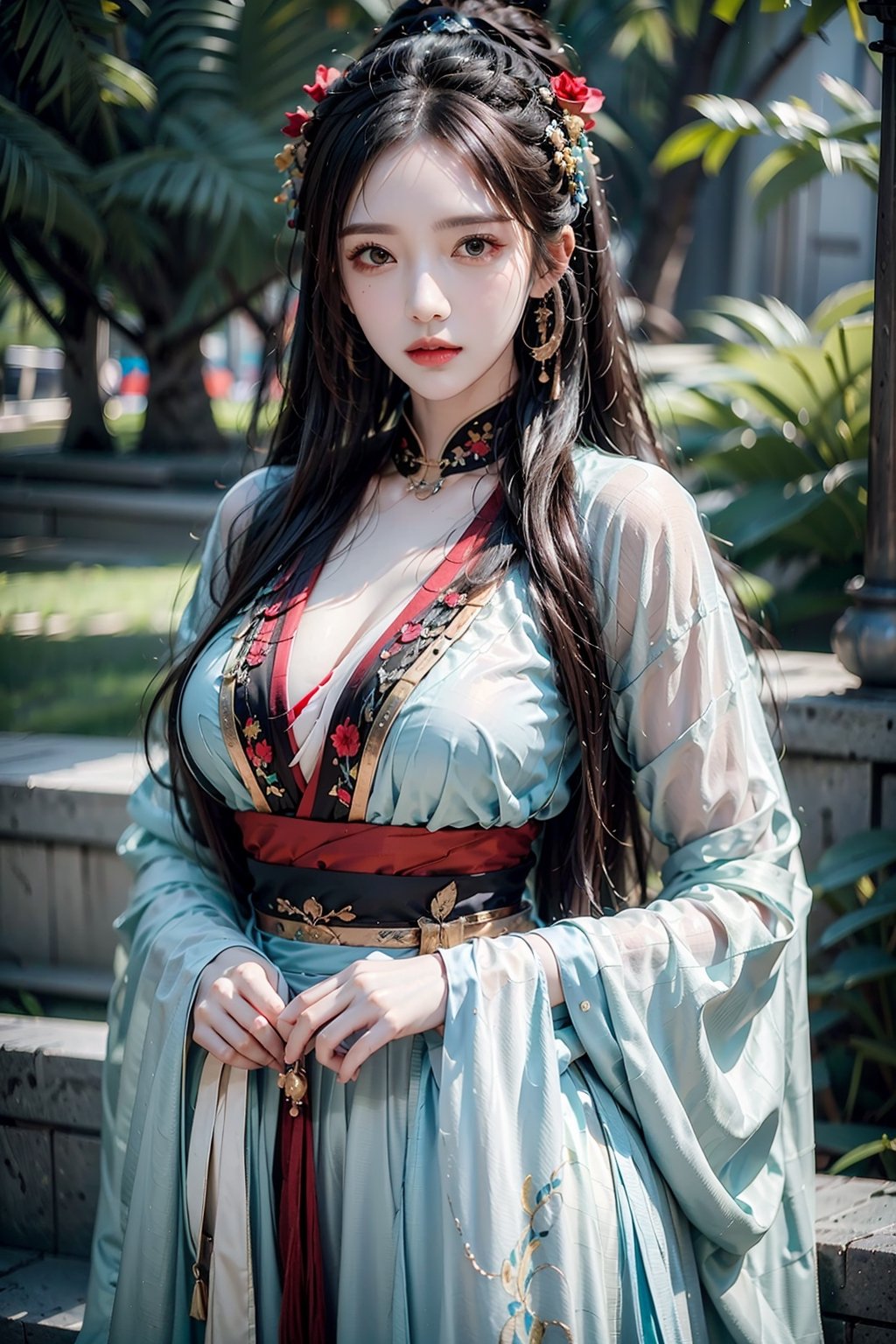 female,masterpiece, realistic, best quality, ultra detailed, waist up, long hair, ((colorful hair)),tattoo, jewelery, fashionable accessories,myhanfu