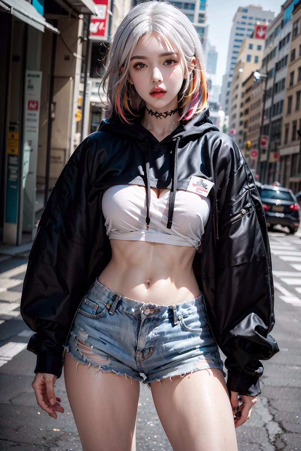 female,masterpiece, realistic, best quality, ultra detailed, waist up, white hair, ((colorful hair):1.2),tattoo, jewelery, urban and street style, graffiti-inspired colors, cool and edgy attire, oversized hoodie, fashionable accessories