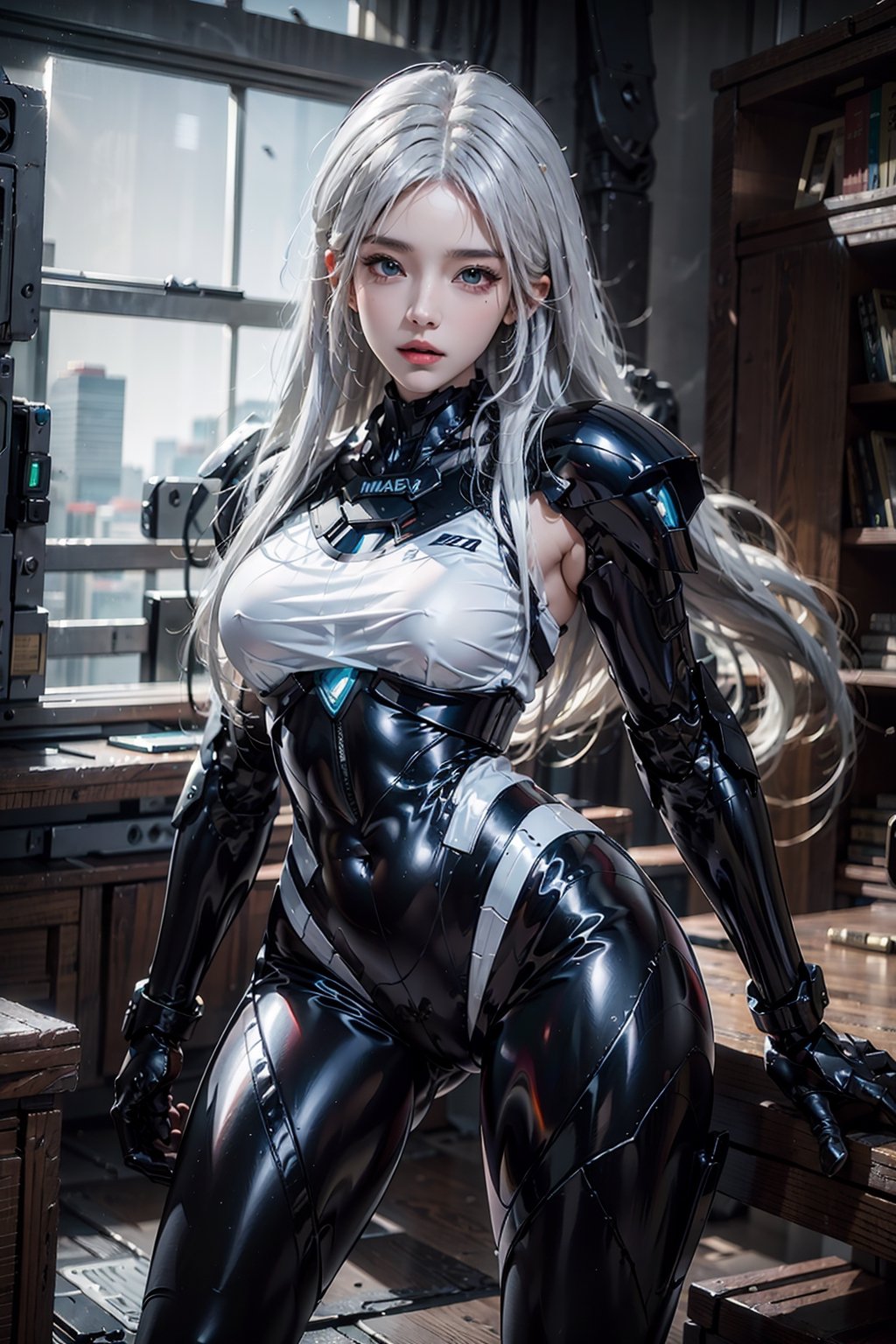 photorealistic, high resolution, 1women, solo, hips up, long white hair, ,mecha,mecha musume