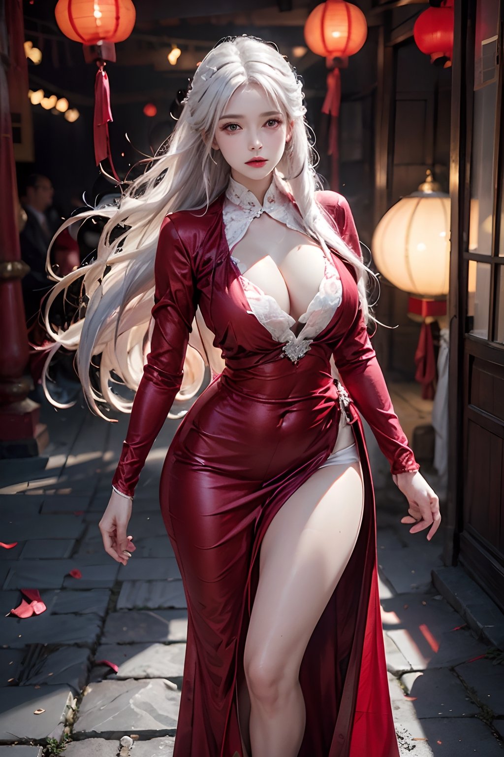 photorealistic, high resolution, 1girl, hips up, jewelry, tattoo, pink lip, long white hair,The picture is frozen in a solemn and solemn memorial scene. The ancient courtyard was surrounded by red lanterns, and their faint light illuminated the entire scene.A woman wearing a red dress. Her long hair was as white, hanging down to her waist. A red ribbon fluttered gently in the breeze