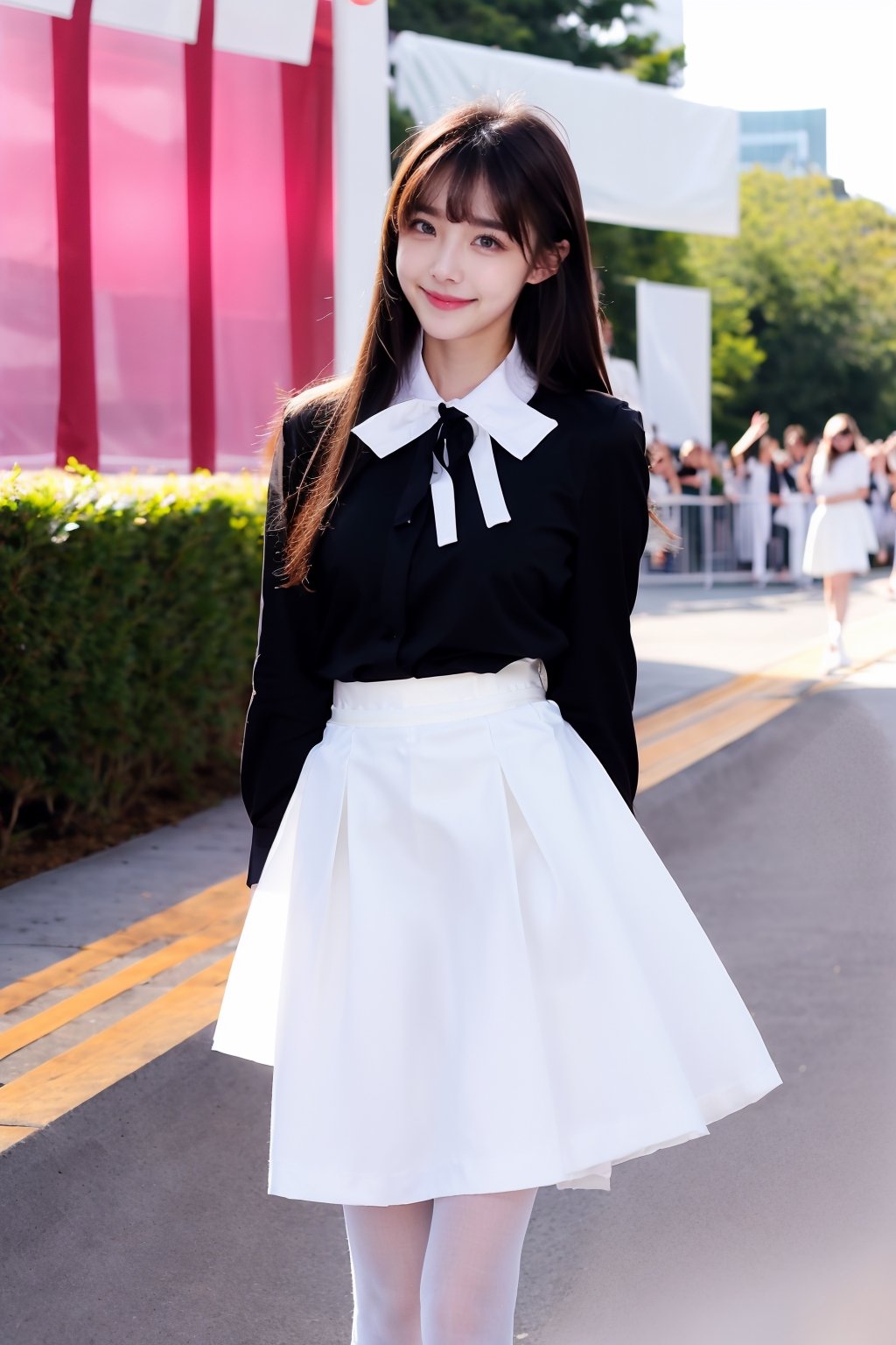 girl, beautiful body, blue eyes, brown hair, white long skirt, white Blouse, long hair, Black tie, Pantyhose, (Shy:1.5), Embarrassed, white_skirt, White_blouse, Hair bangs, look at viewer, Concert , (smile) 