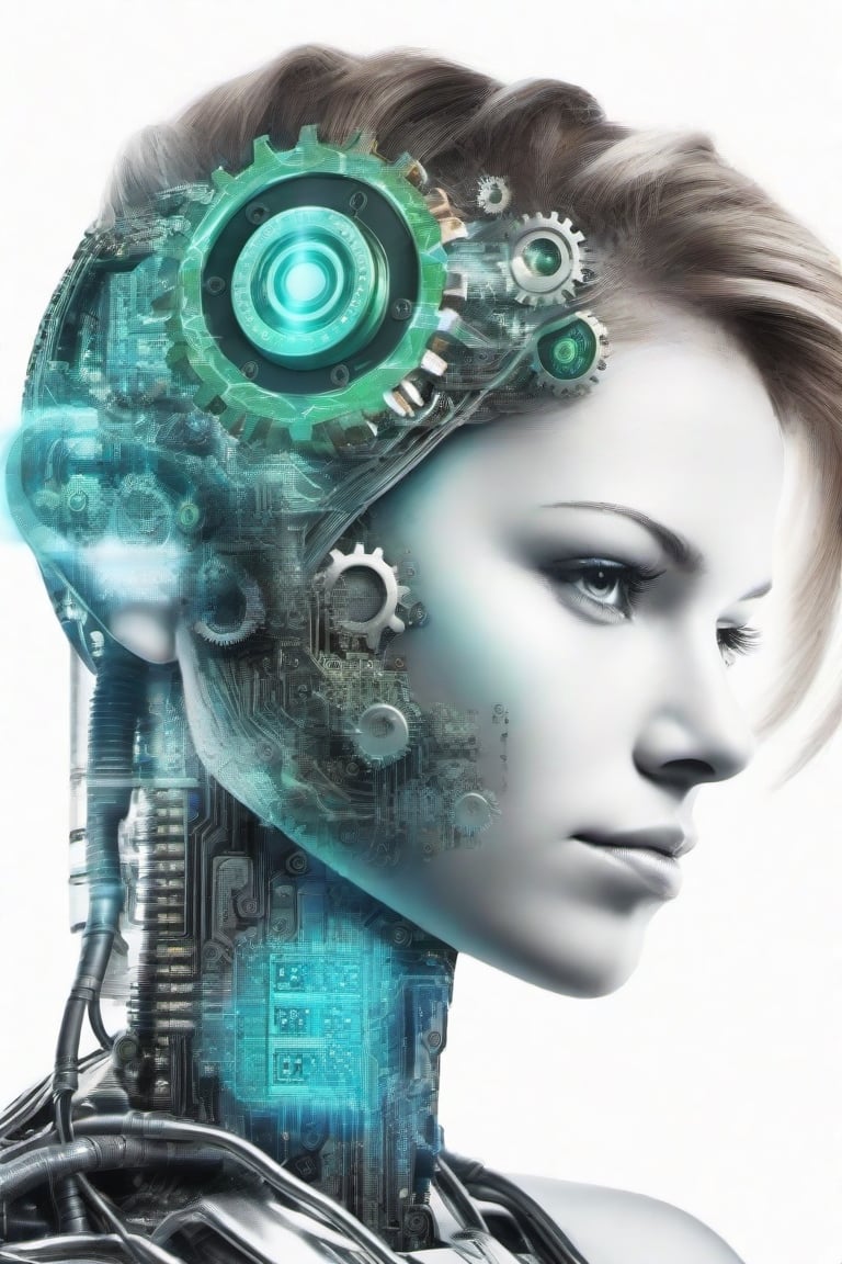 cyborg style, digital factory  with gears combined with circuit boards using steel colors speaking to human doctor with stethescope on pure white background
