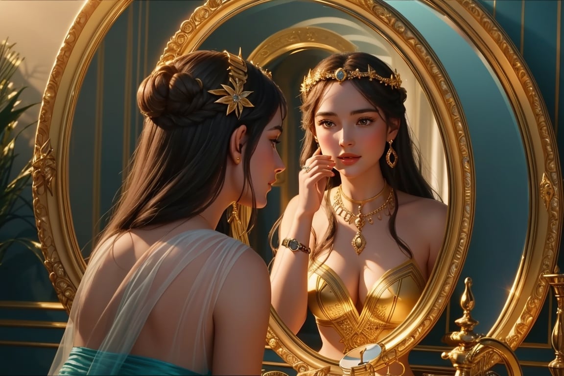 Ariadne (holds a mirror and watch her own face in the mirror:1.4) has her line cut inside the Minotaur maze:0.4, and she couldn't care less:0.2, for the only thing she wants is to admire her beautiful face and flawless skin in the pocked mirror:1.33, (holds a mirror, watches her face in the mirror):1.18, that she always brings with her. reaslitic mirror reflection of her face in accurate angle:1.22, real and reflected faces are very visible at viewer:1.15, dark fantasy, chiaroscuro but colorful, dramatic colors, mythological maze, awe and beauty, gods watch from sky, realistic holding a mirror movement, realistic admiring herself in the mirror movement, complex scene featuring Ariadne looking herself in the mirror with the minotaur maze around her and very farther the face of some powerful gods looking at her from the clouds masterpiece, ,photo r3al,Movie Still,Film Still,ColorART,Cinematic,Cinematic Shot,Cinematic Lighting,colorful,RING