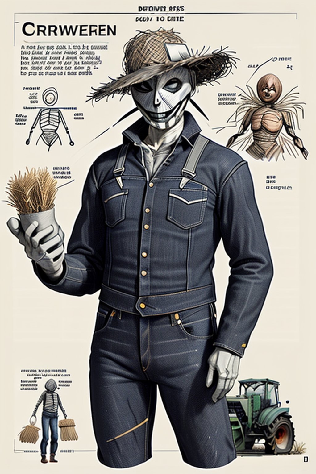draft, outline, monochrome,  reference sheet, how to build a scarecrow with old jeans, old clothing, tractor and cornfield. Straw coming out of scarecrow