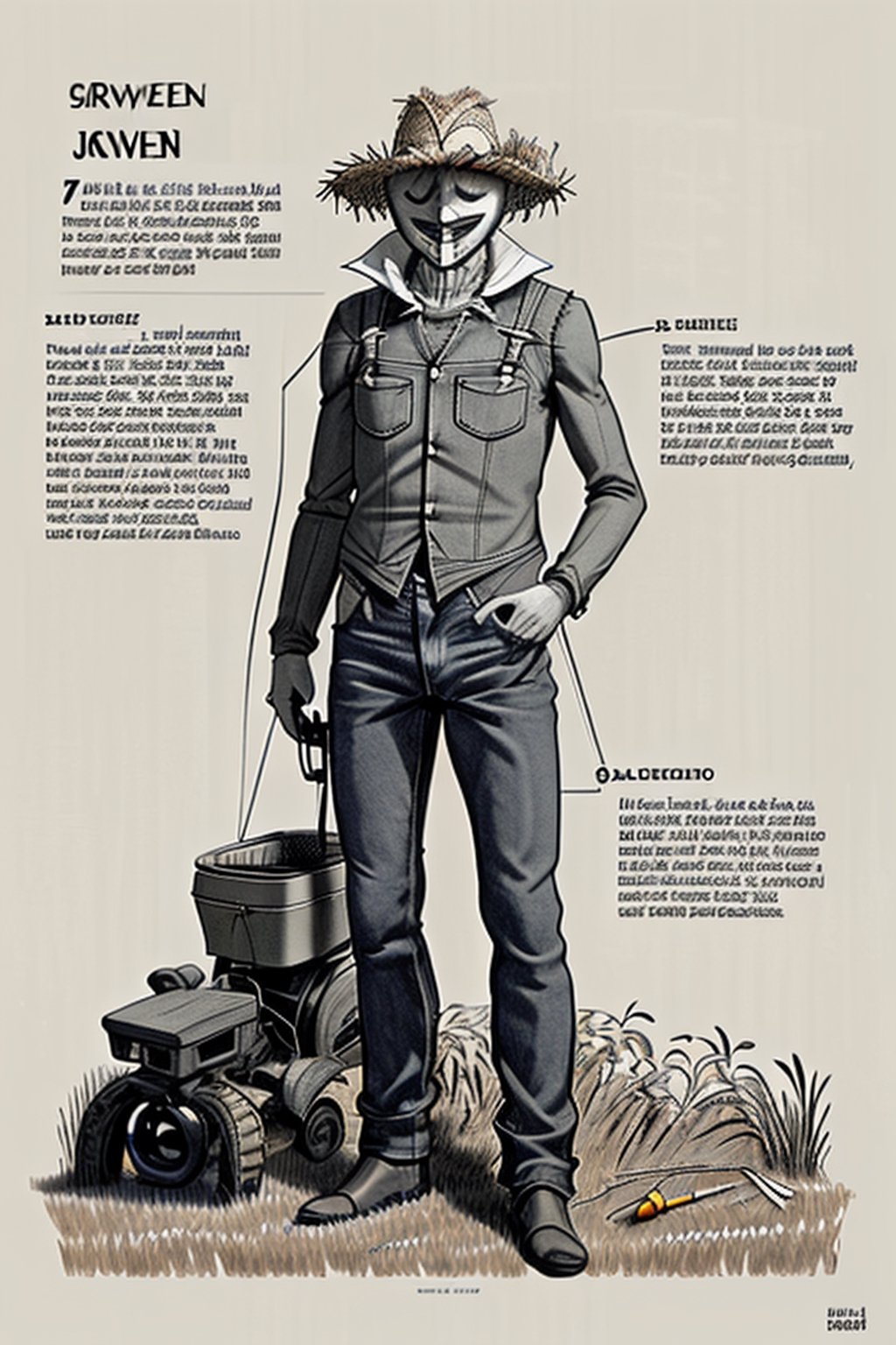 draft, outline, monochrome,  reference sheet, how to build a scarecrow with old jeans, old clothing, tractor and cornfield. Straw coming out of scarecrow