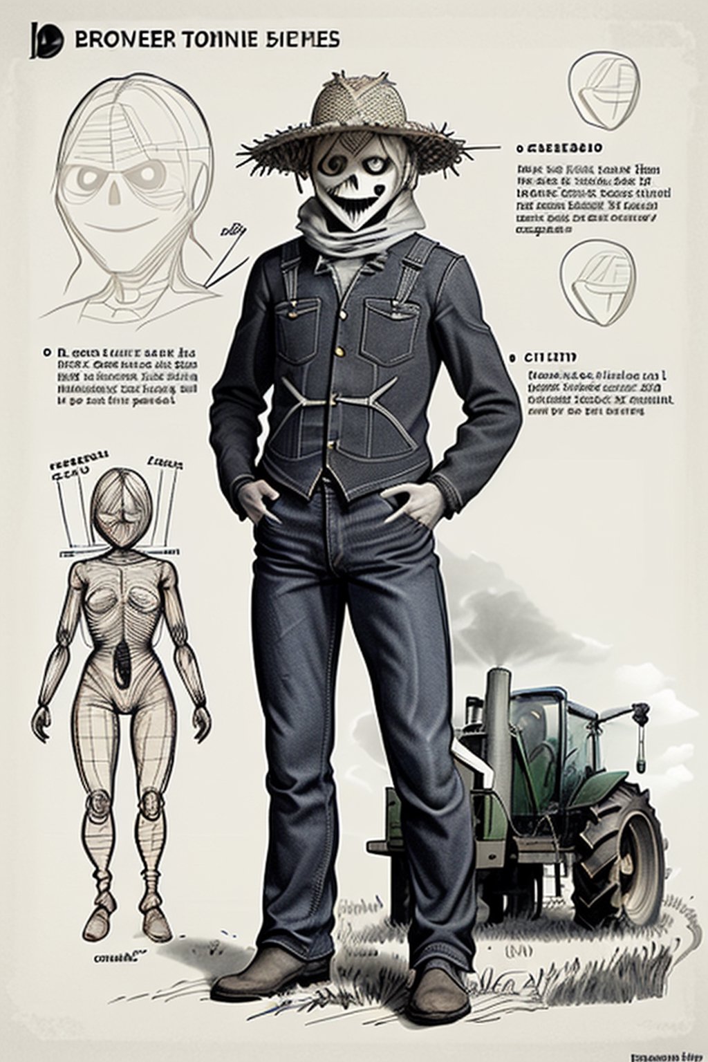 draft, outline, monochrome,  reference sheet, how to build a scarecrow with old jeans, old clothing, tractor and cornfield. Straw coming out of scarecrow