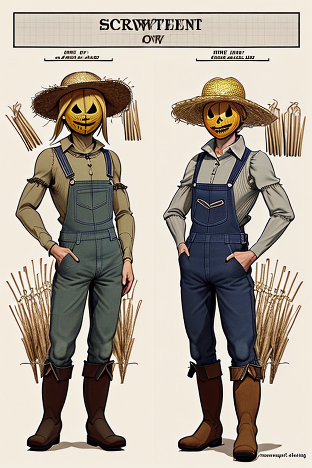 draft, outline, monochrome,  reference sheet, how to build a scarecrow with old overalls with holes, old clothing, tractor and cornfield. ((((Straw coming out of scarecrow boots and sleeves)))), checkered shirt, smoking a pipe, straw hat, whiskey bottle in pocket, vintage sewing machine, Carhartt